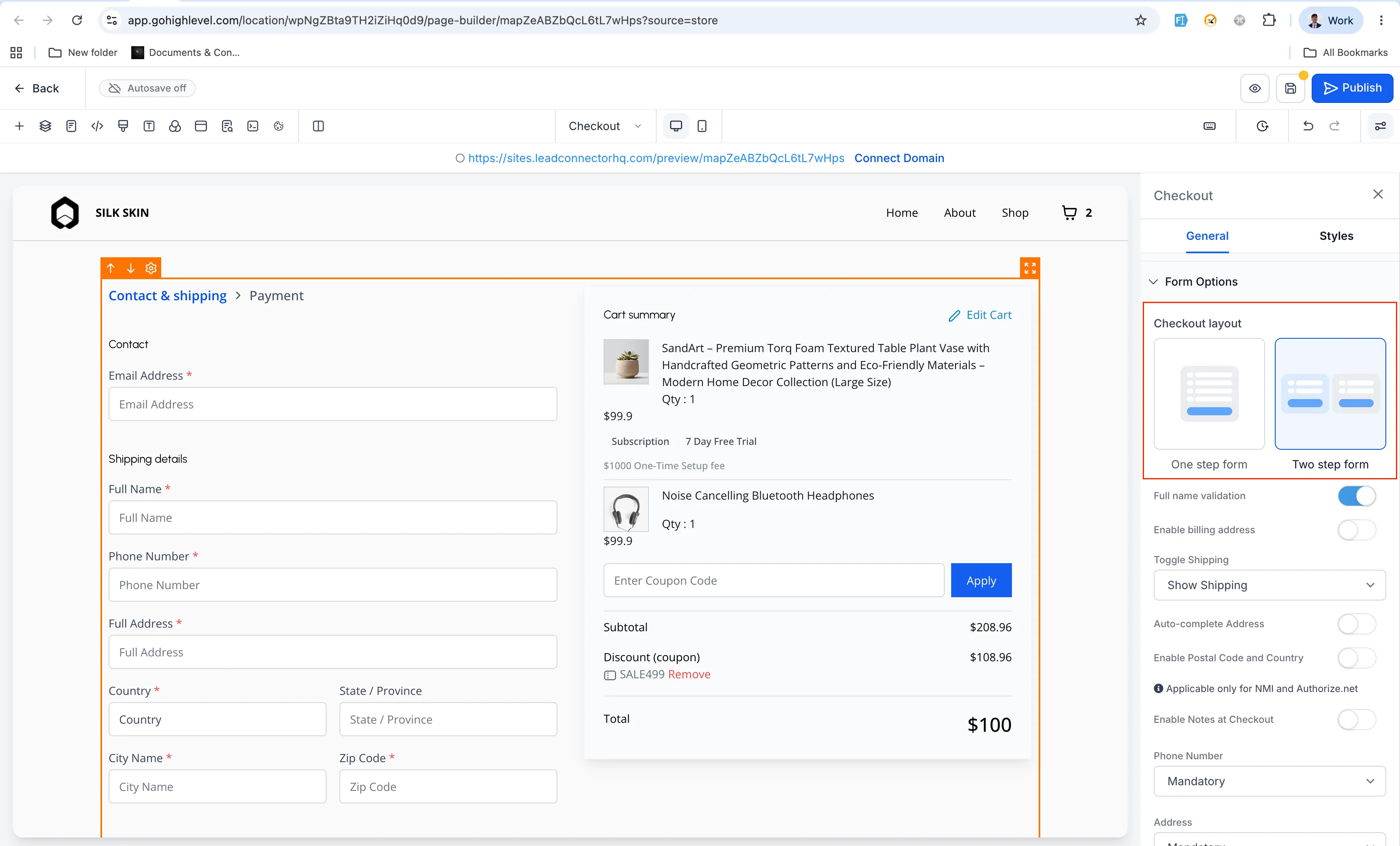 Two-step checkout contact and shipping step