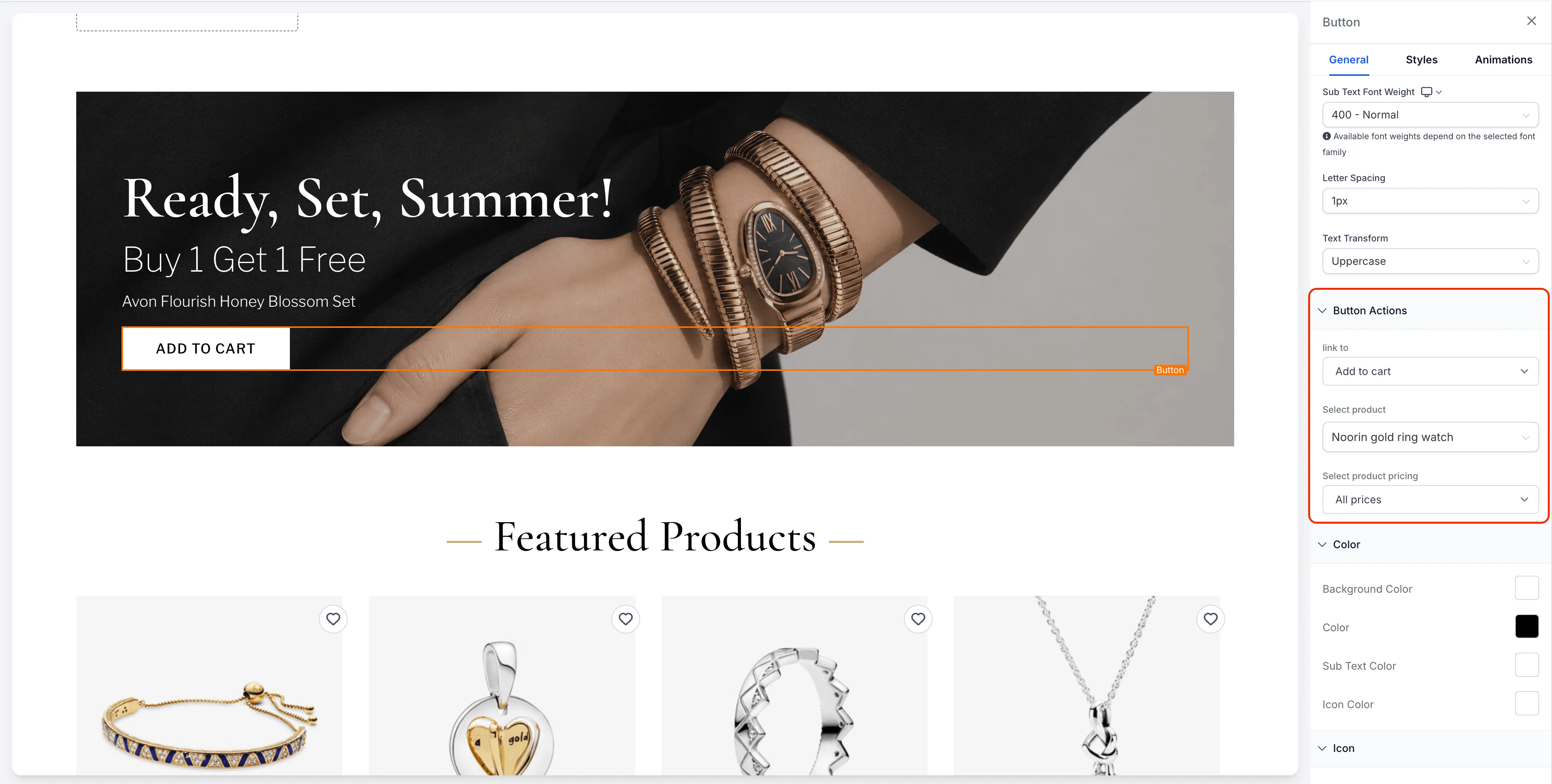 Button ecommerce action setup