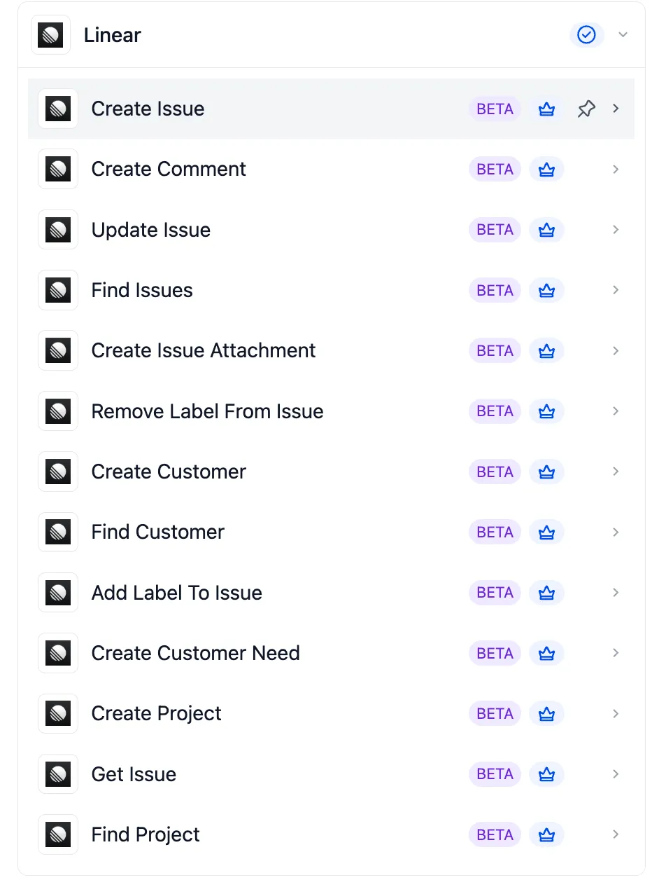 Linear workflow actions