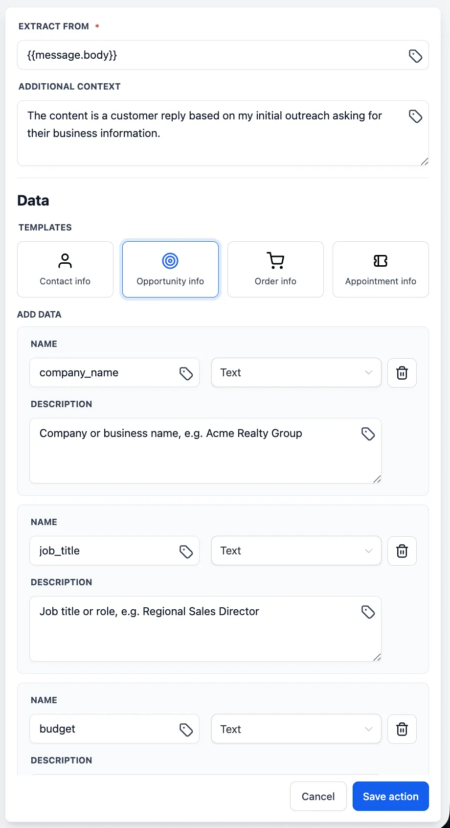 Selecting AI Data Extract in workflows