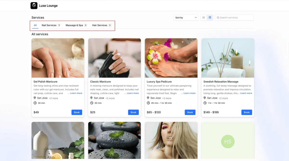 Top tabs layout for service categories
