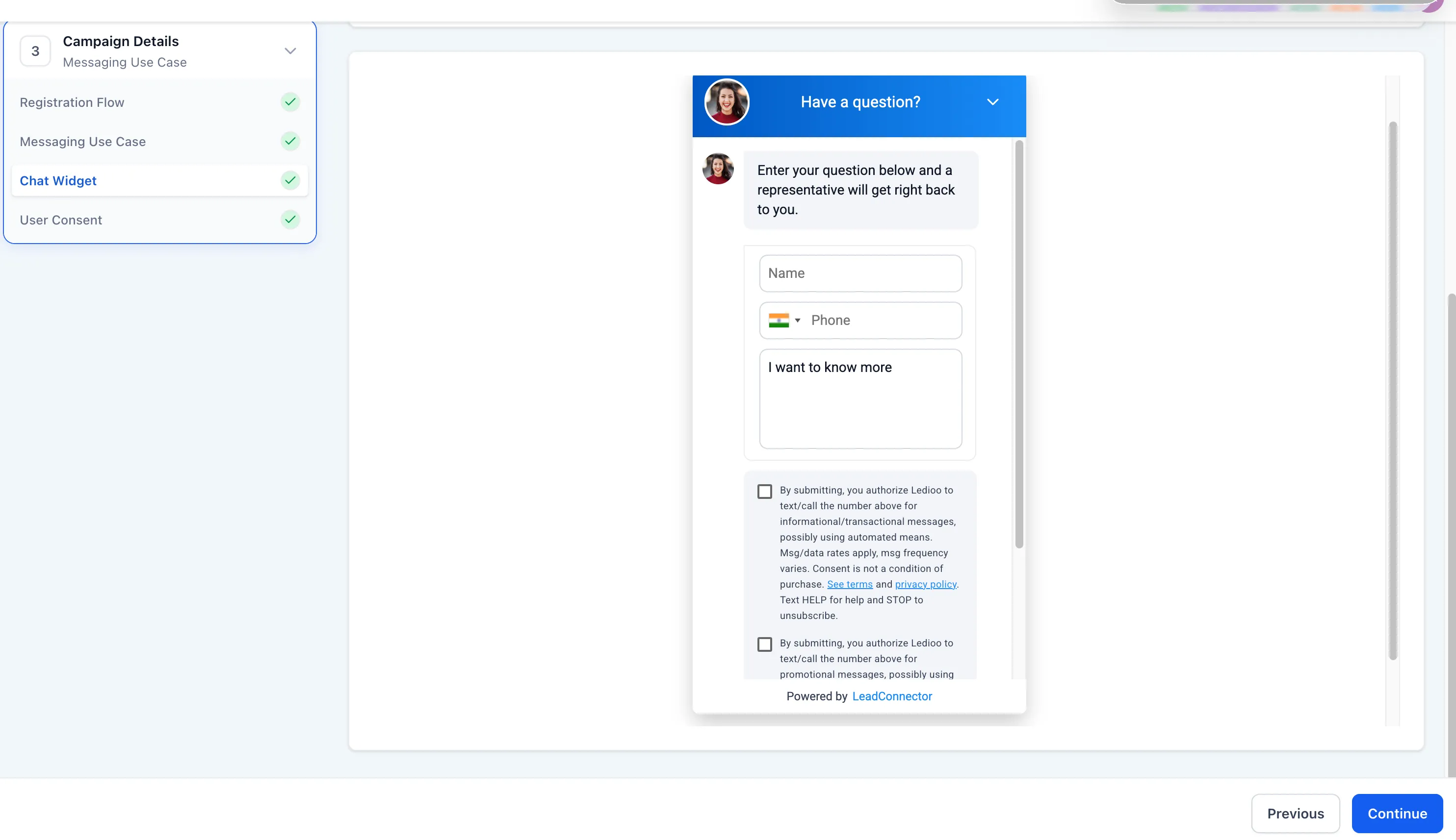 Chat widget consent disclosures