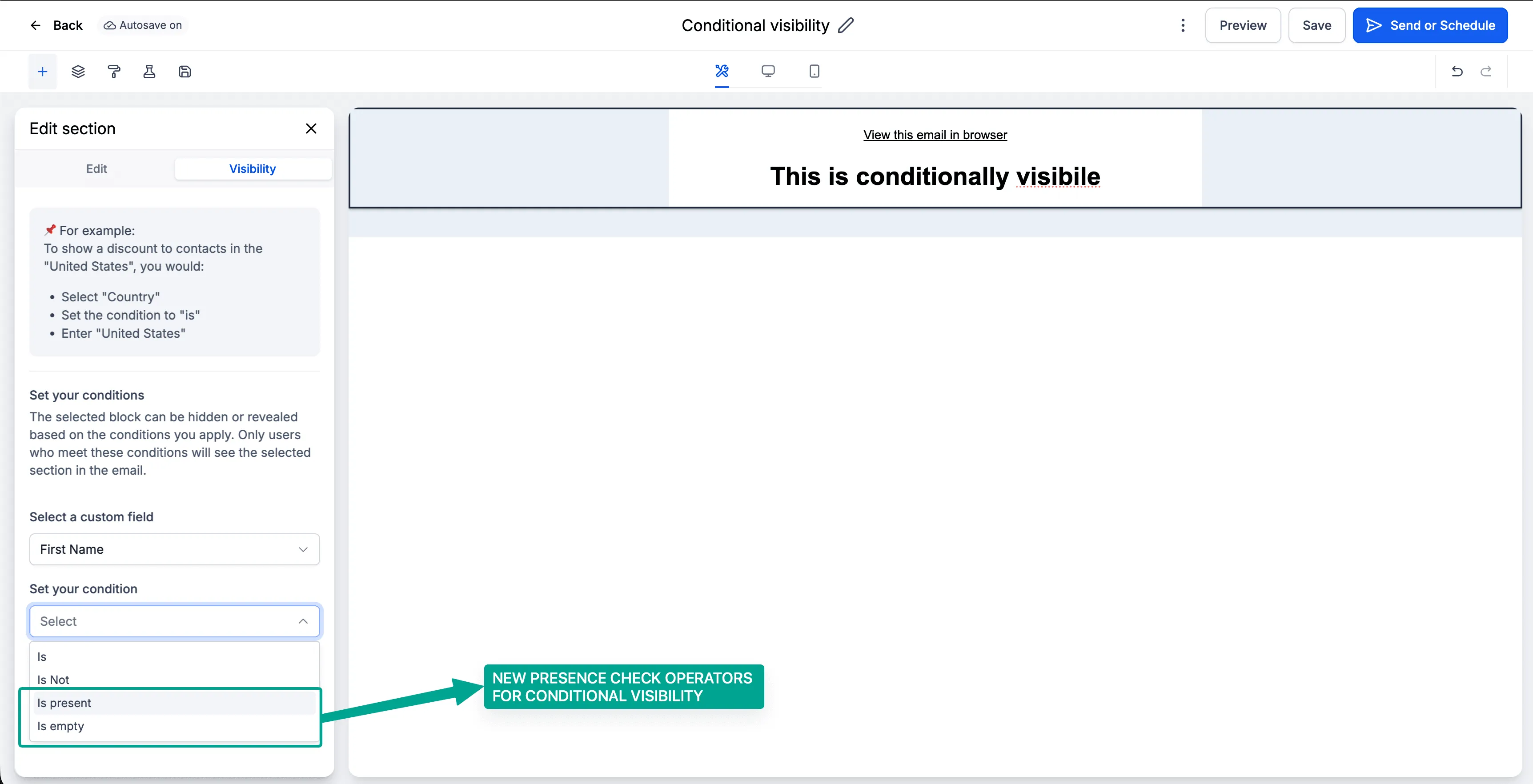 Conditional visibility operator options