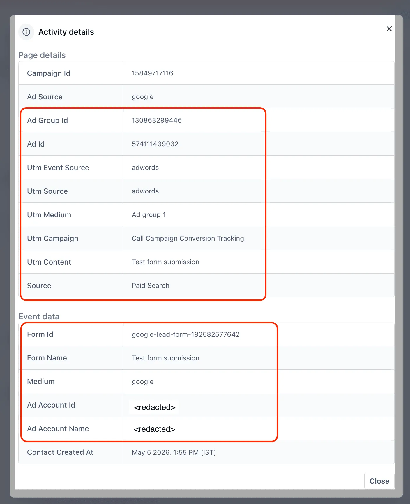 Google Lead Form submission activity
