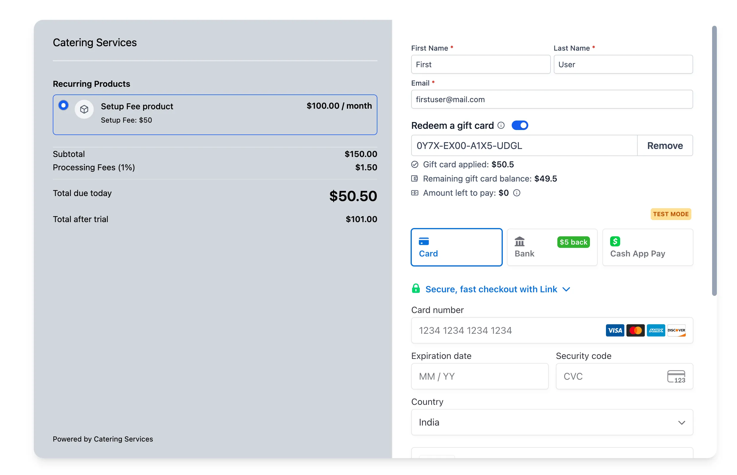 Gift card checkout redemption
