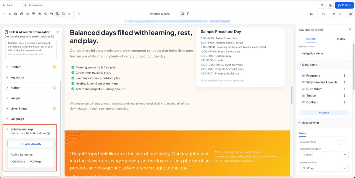 Saved schema on page