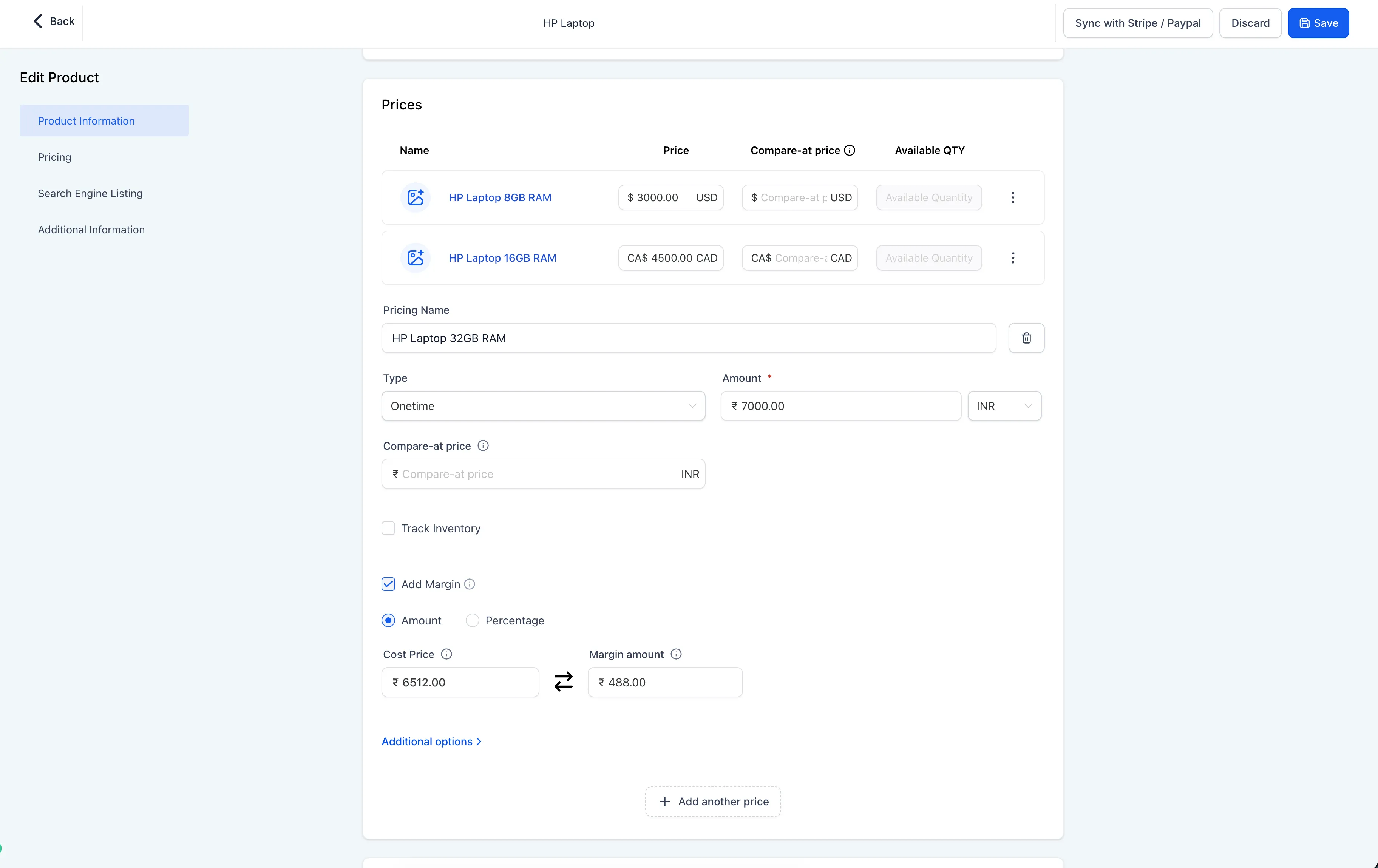 Product cost price and margin setup