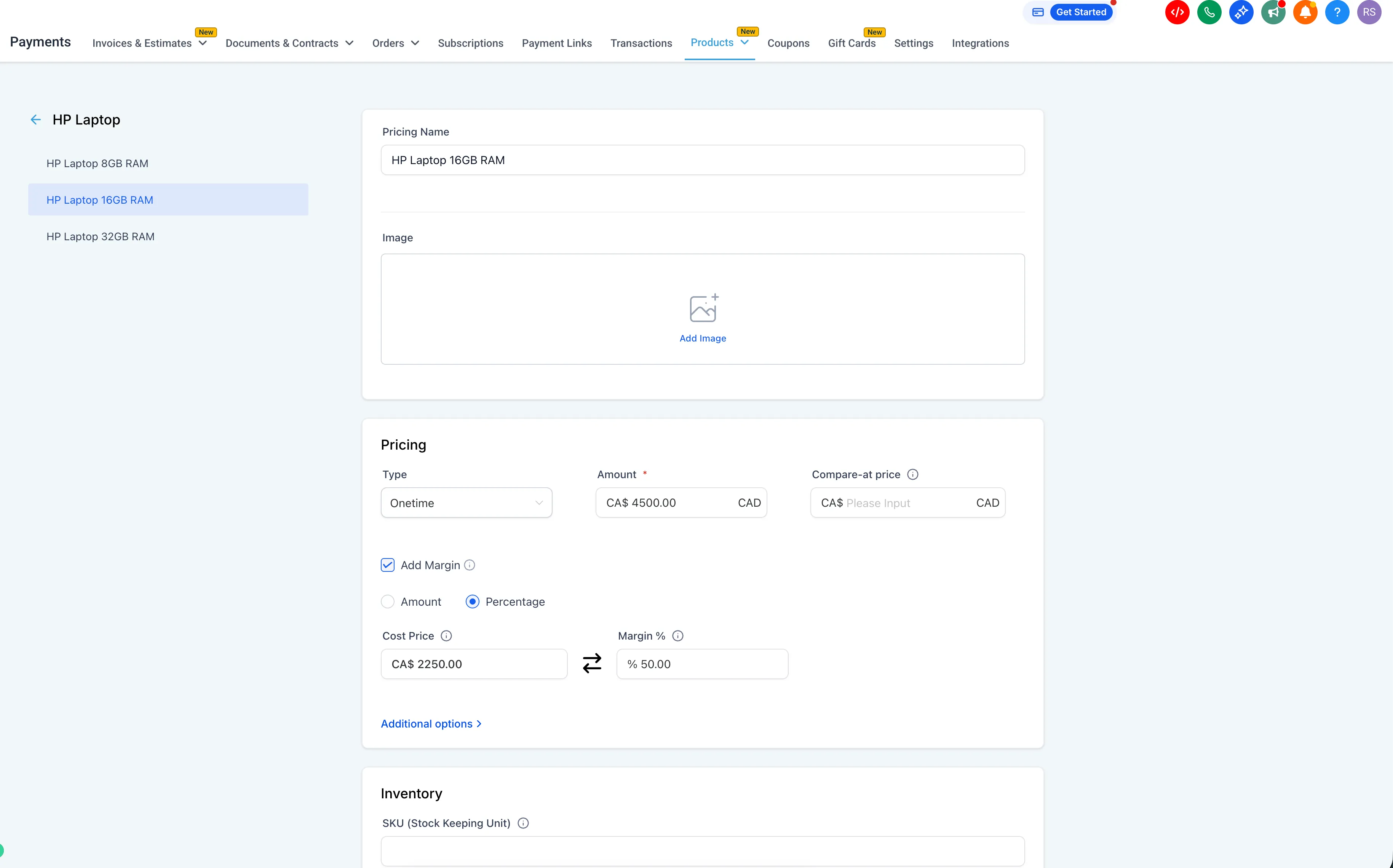Cost and margin configuration example