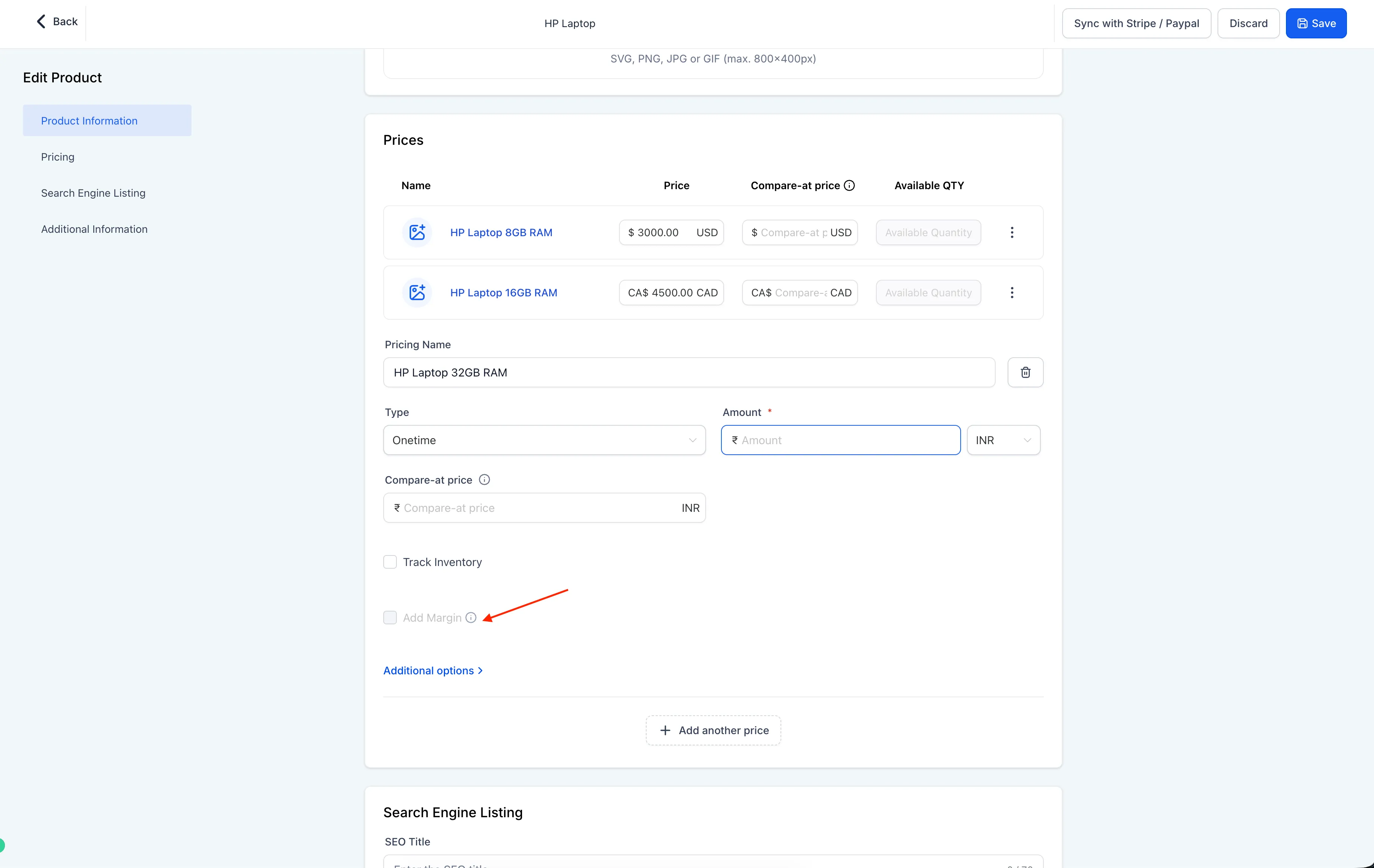 Additional product pricing view