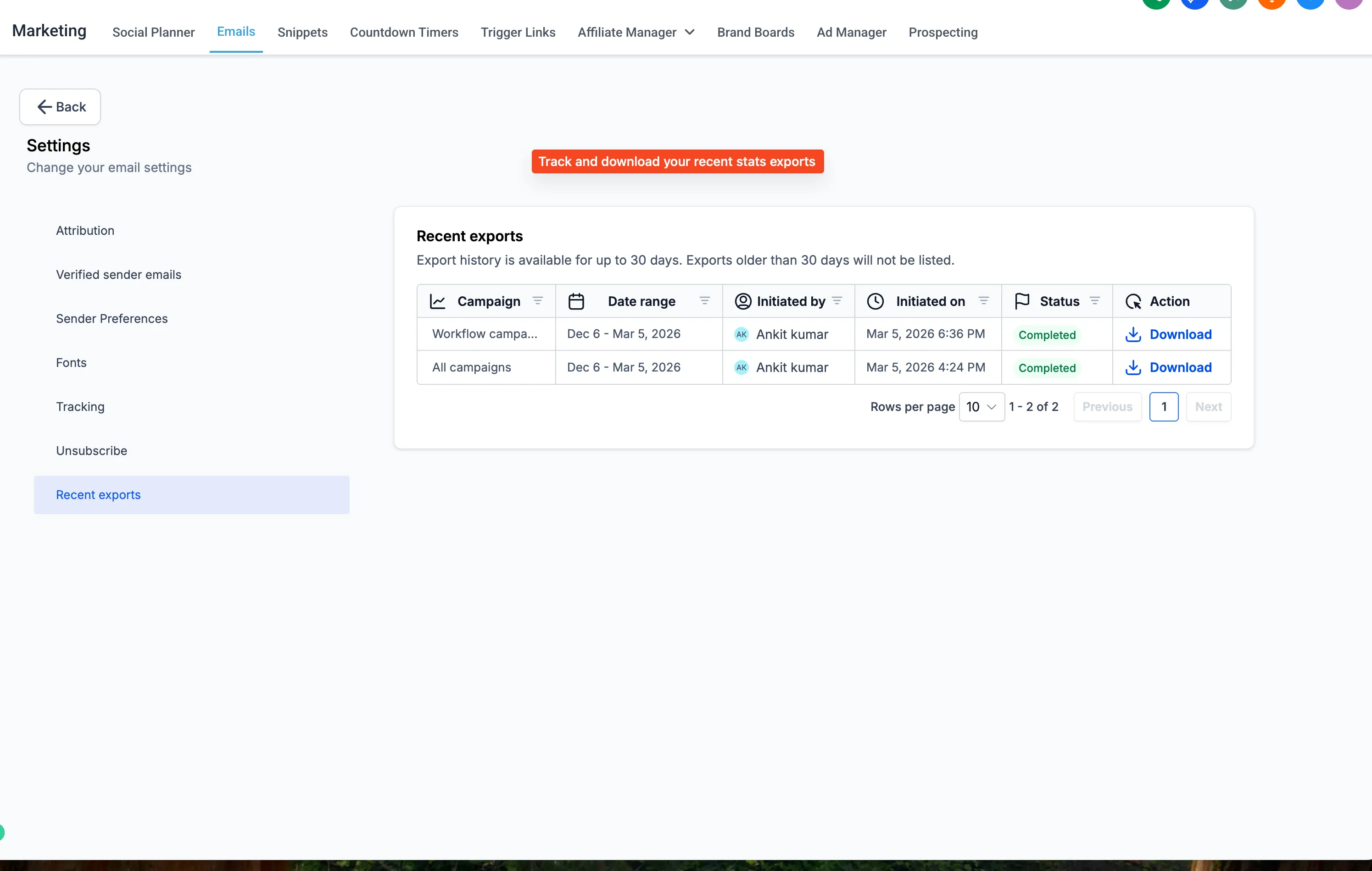 Recent Downloads in Settings