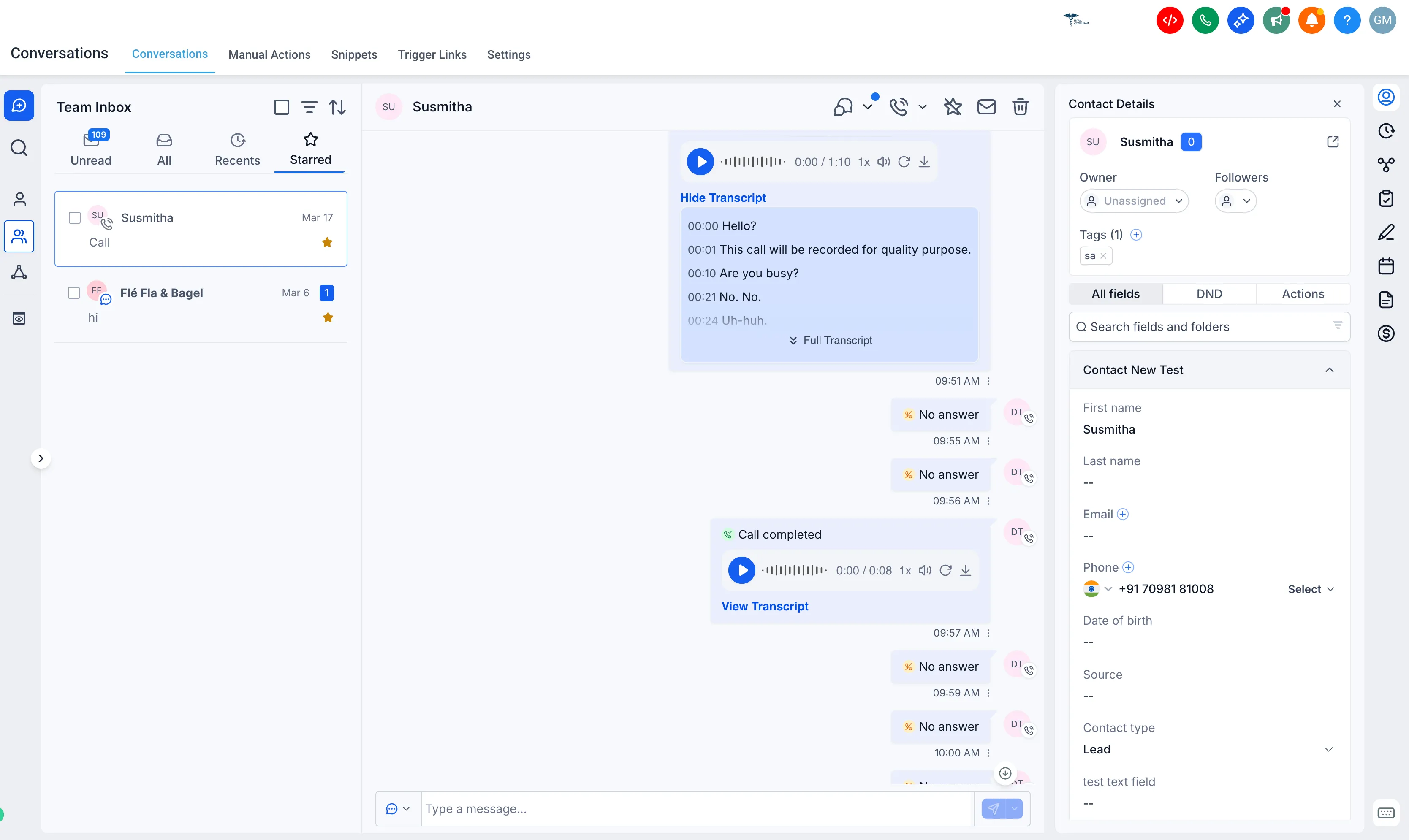 Call transcript in center panel