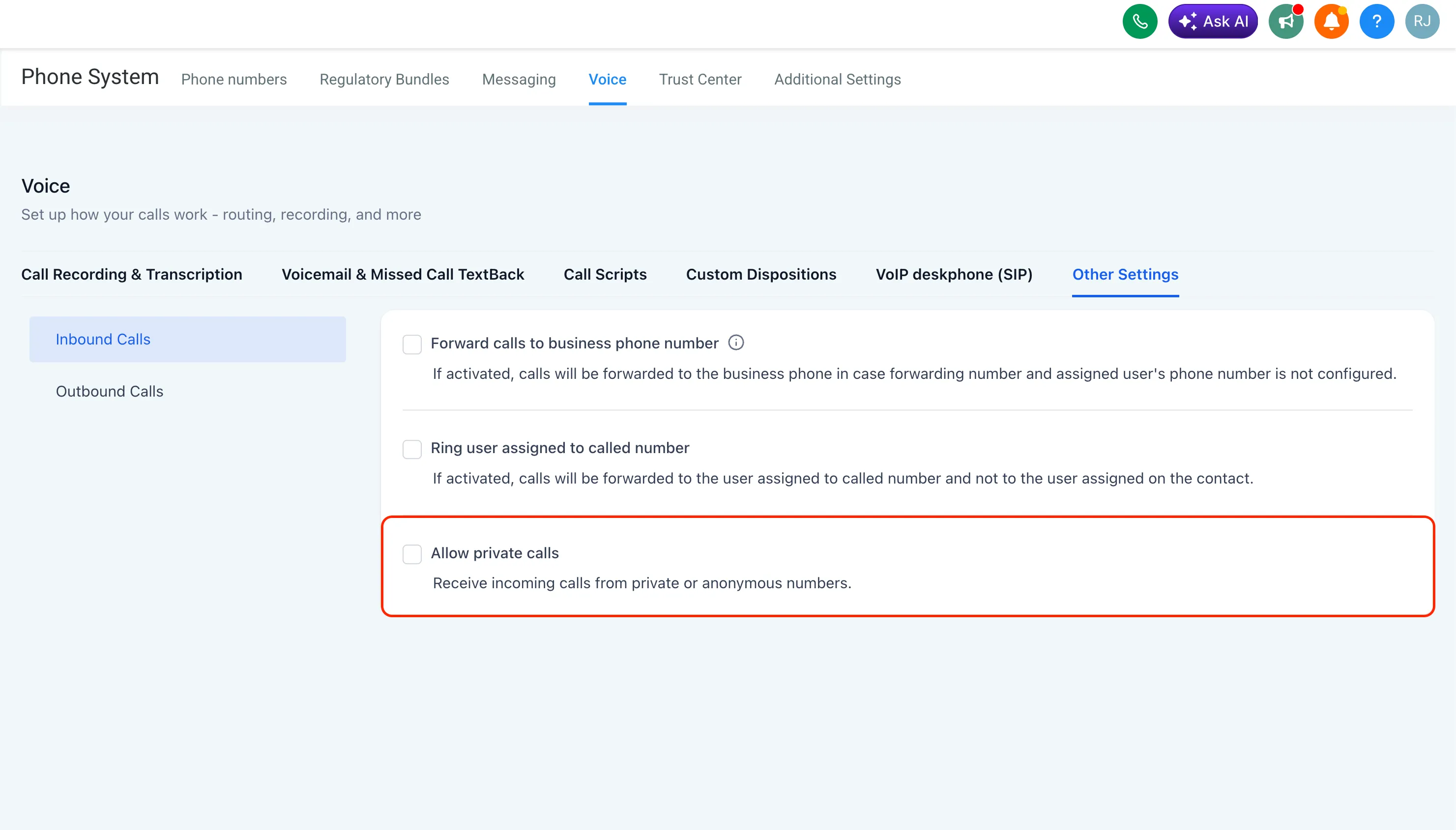 Allow private calls setting