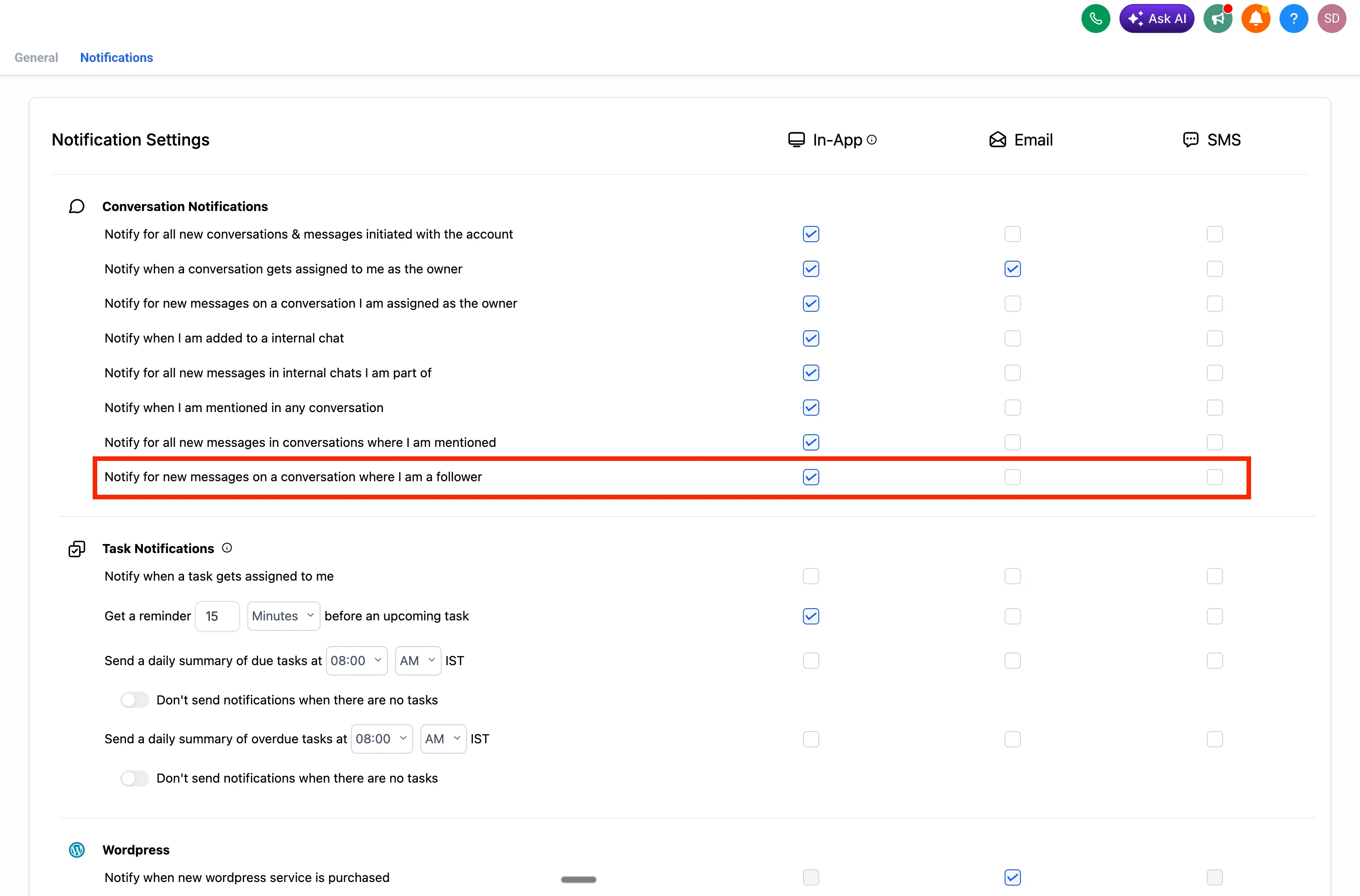 Conversation follower notification setting