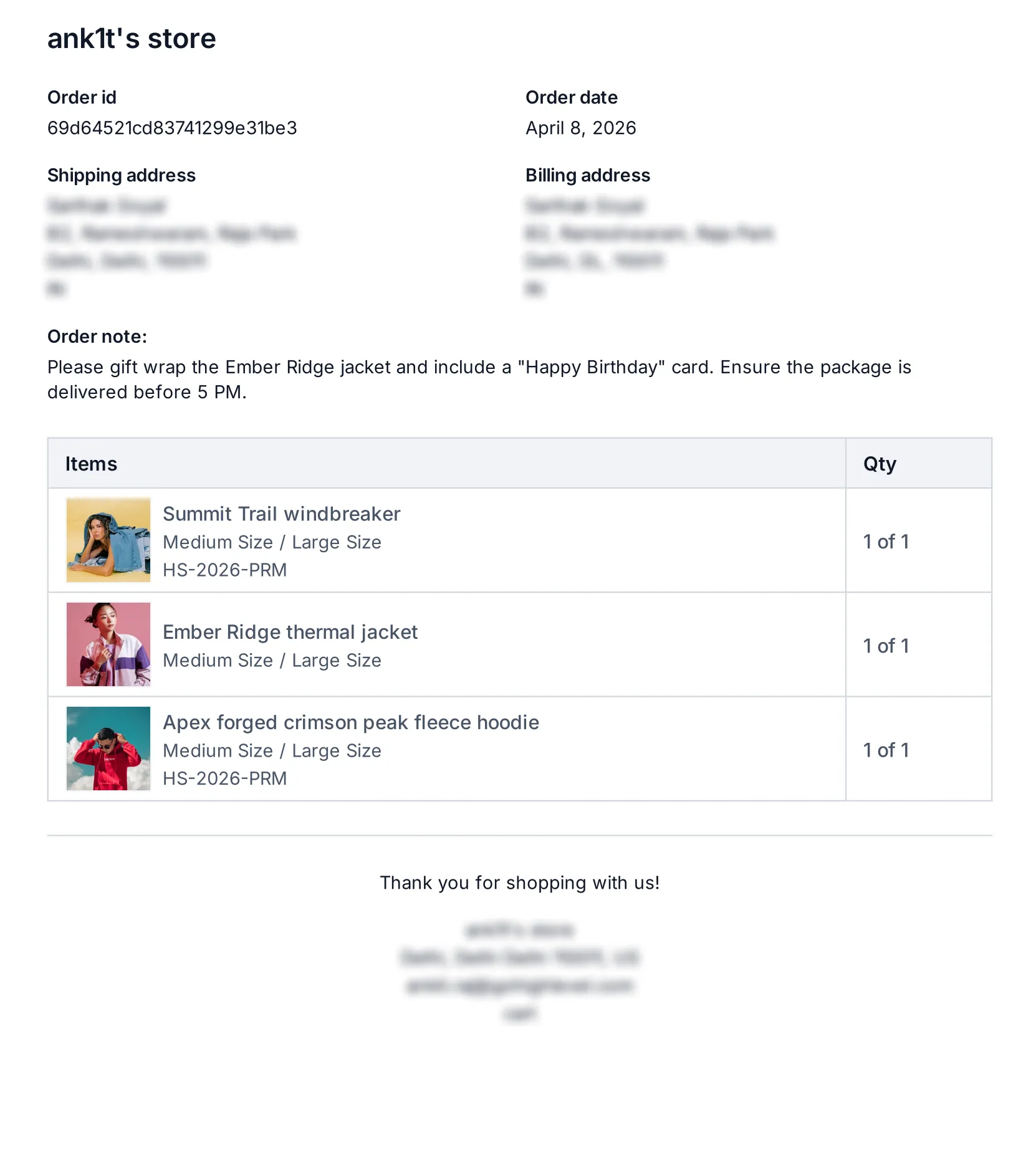 Packing slip showing order notes