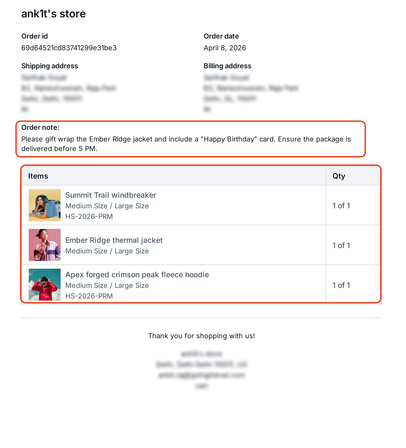 Packing slip line items with SKU