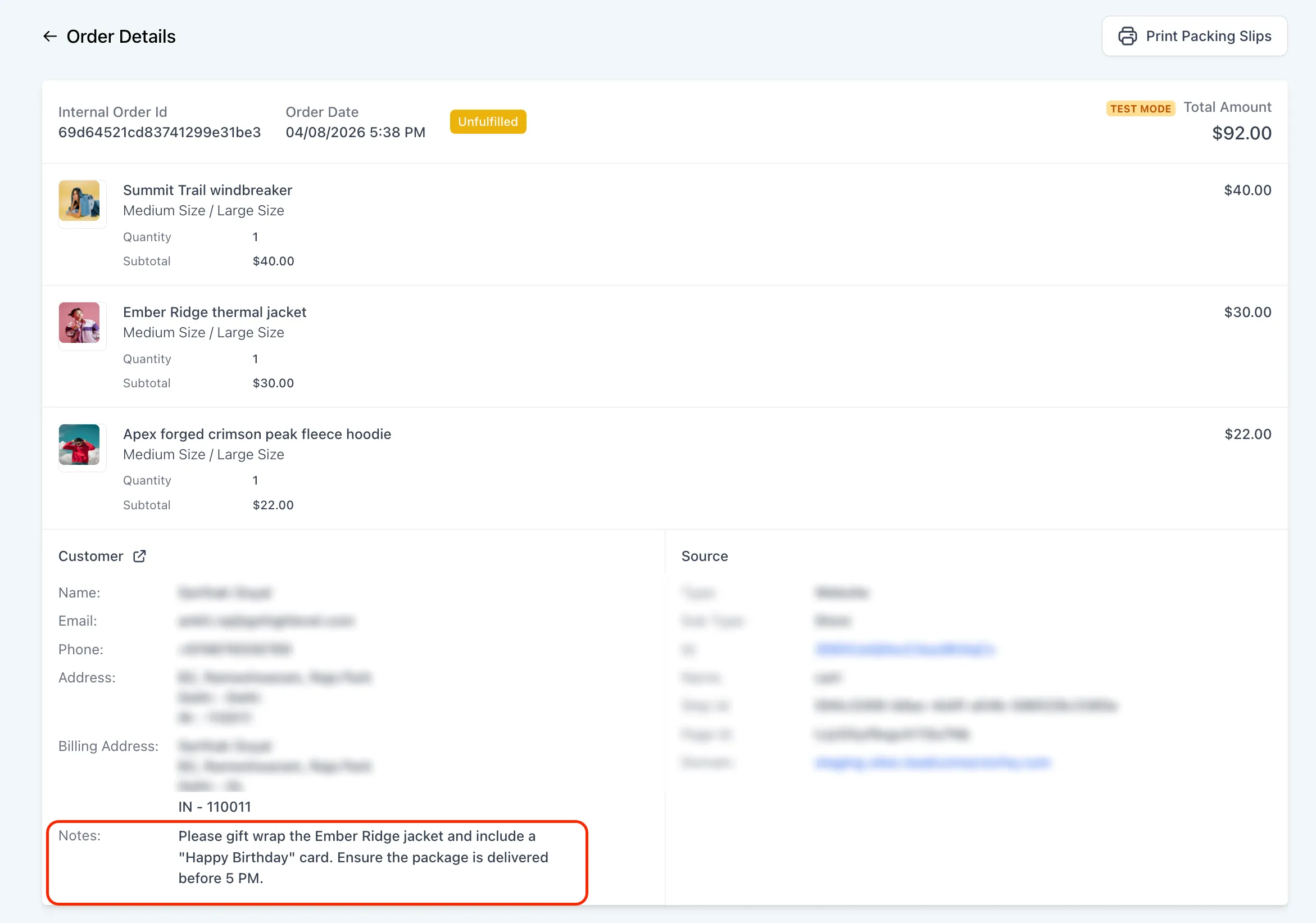 Packing slip layout example