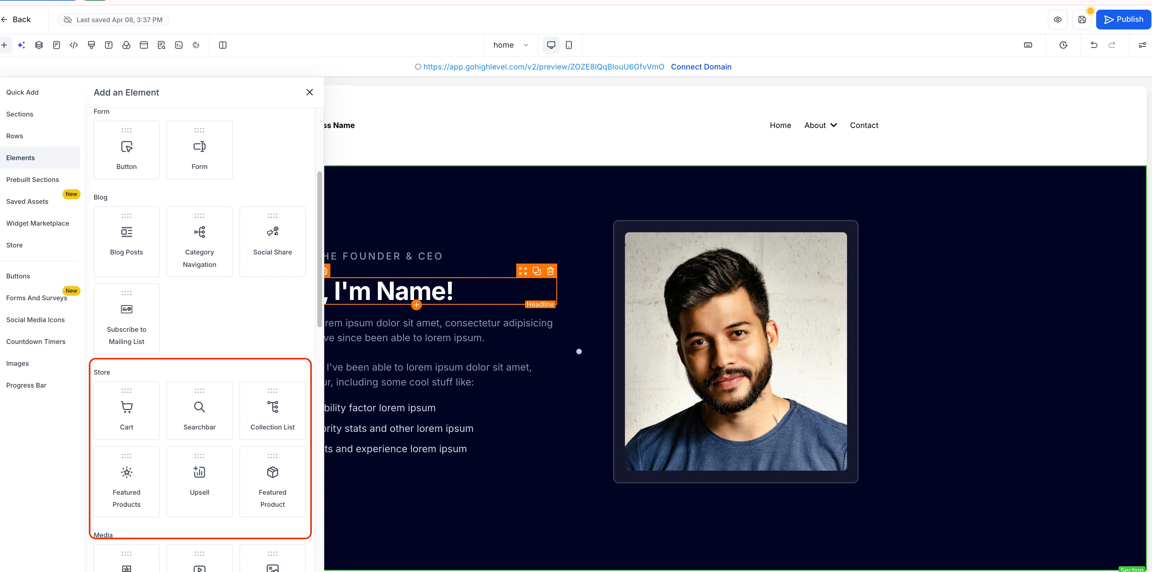Store elements shown between Blog and Media when no store exists