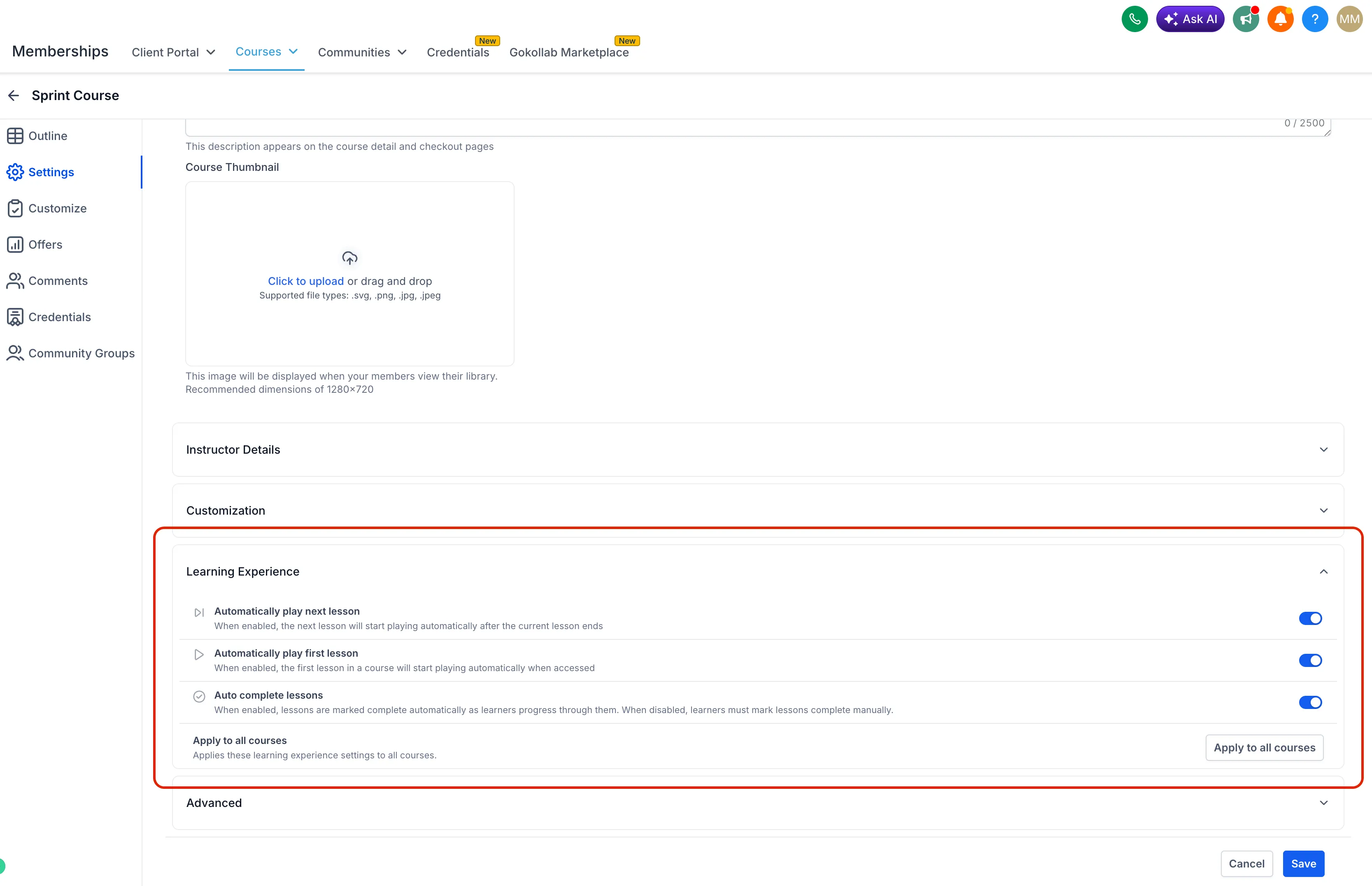 Course-level learner experience settings