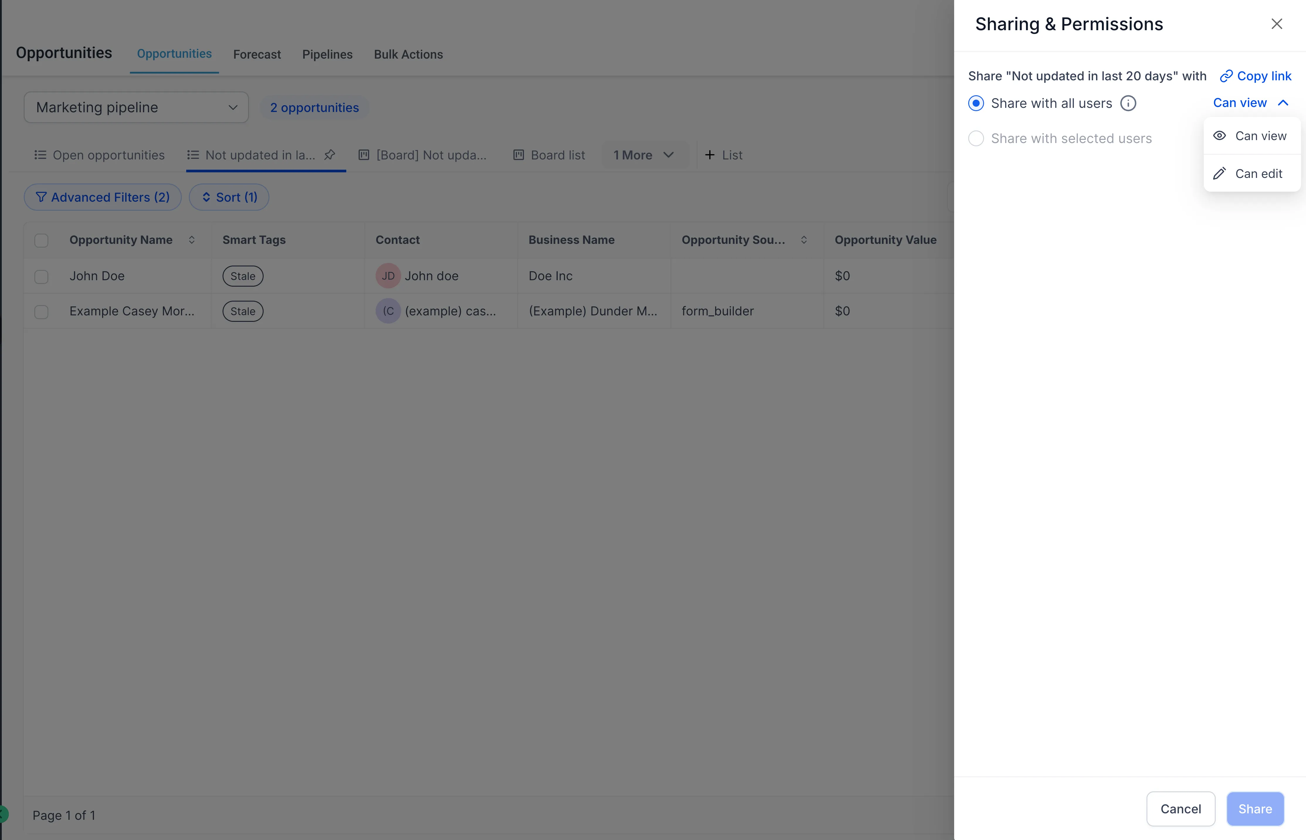 Sharing and permissions for Opportunity Smart Lists