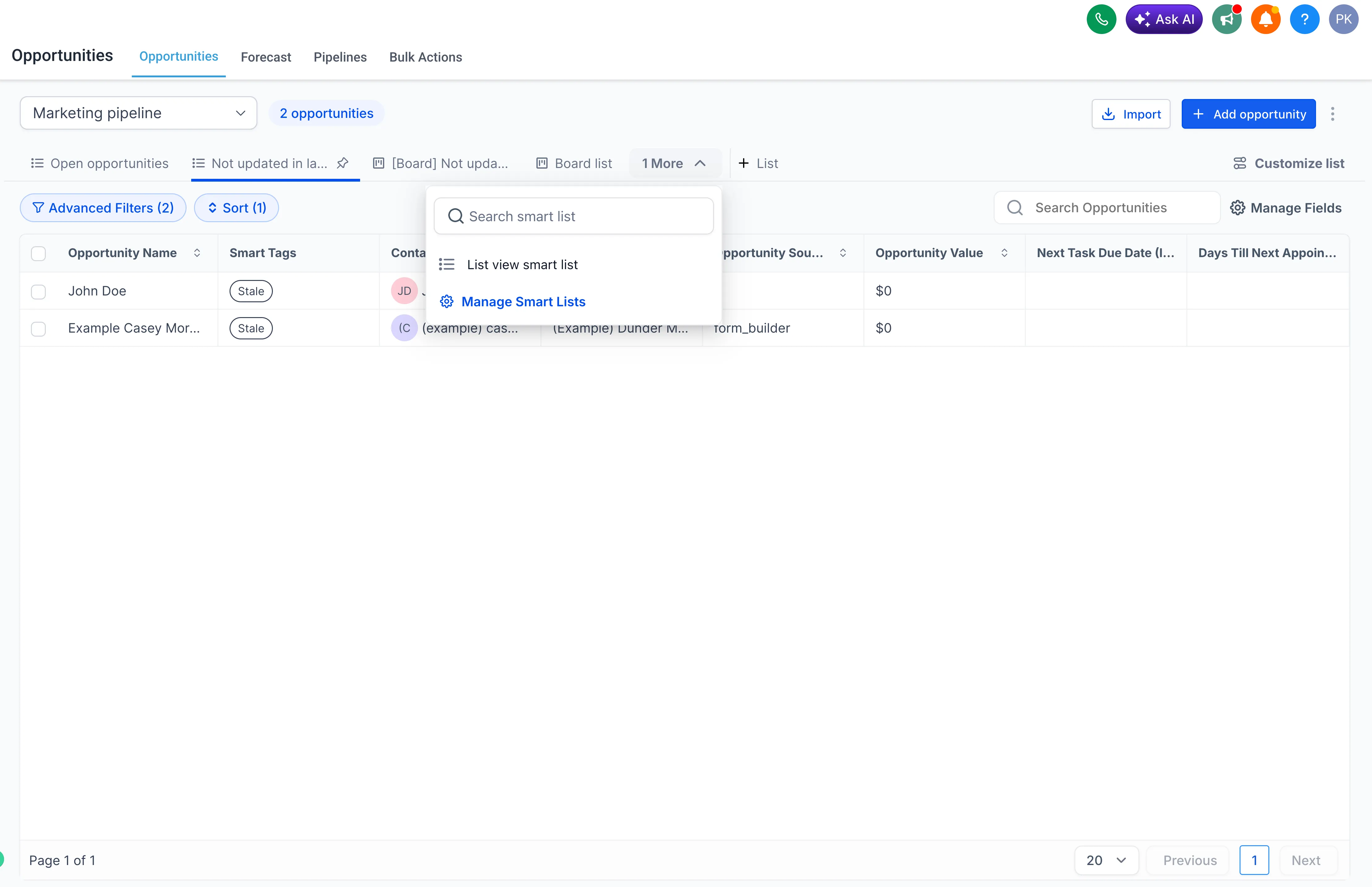 Manage Smart Lists page