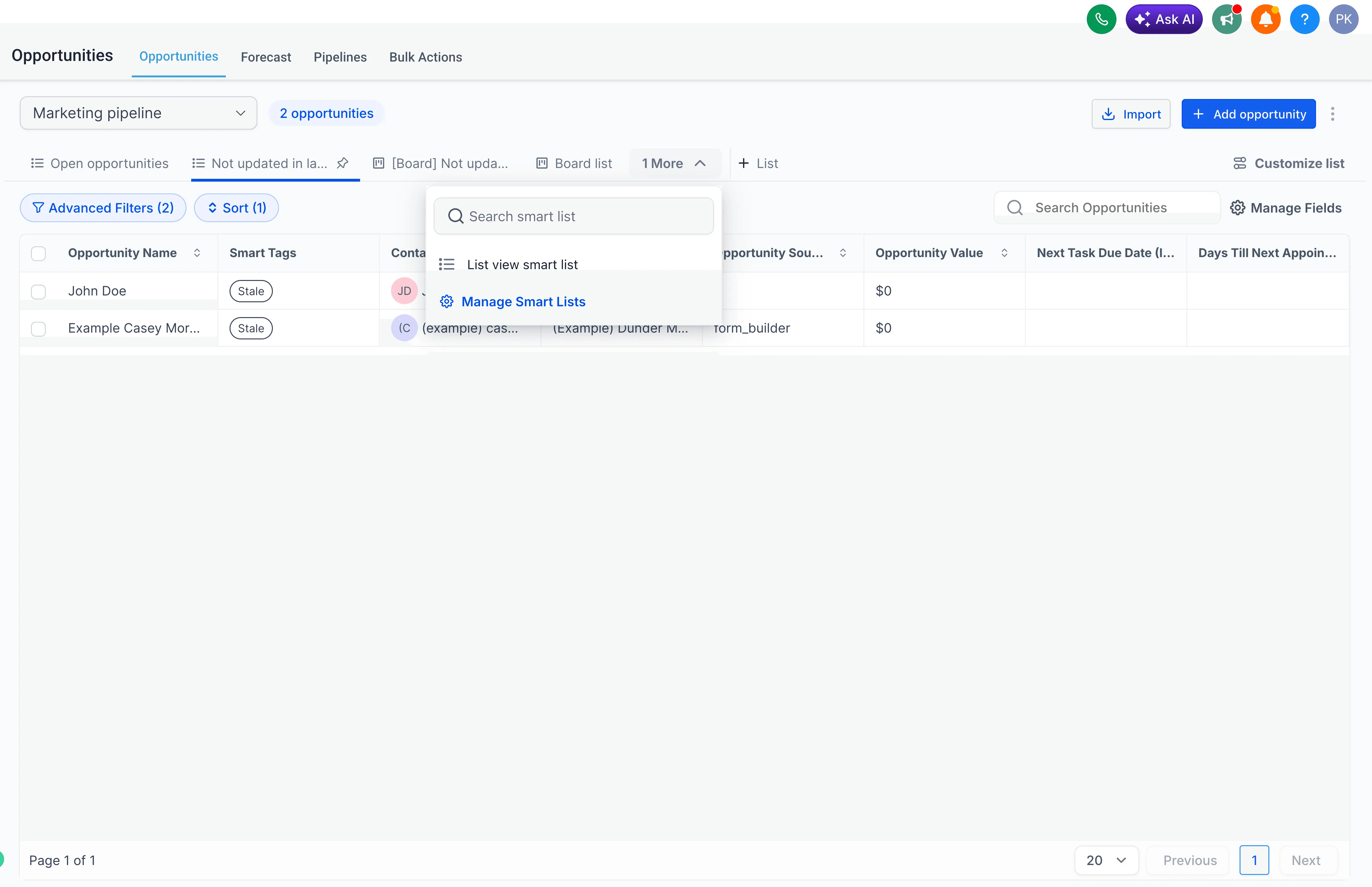 Manage Smart Lists page