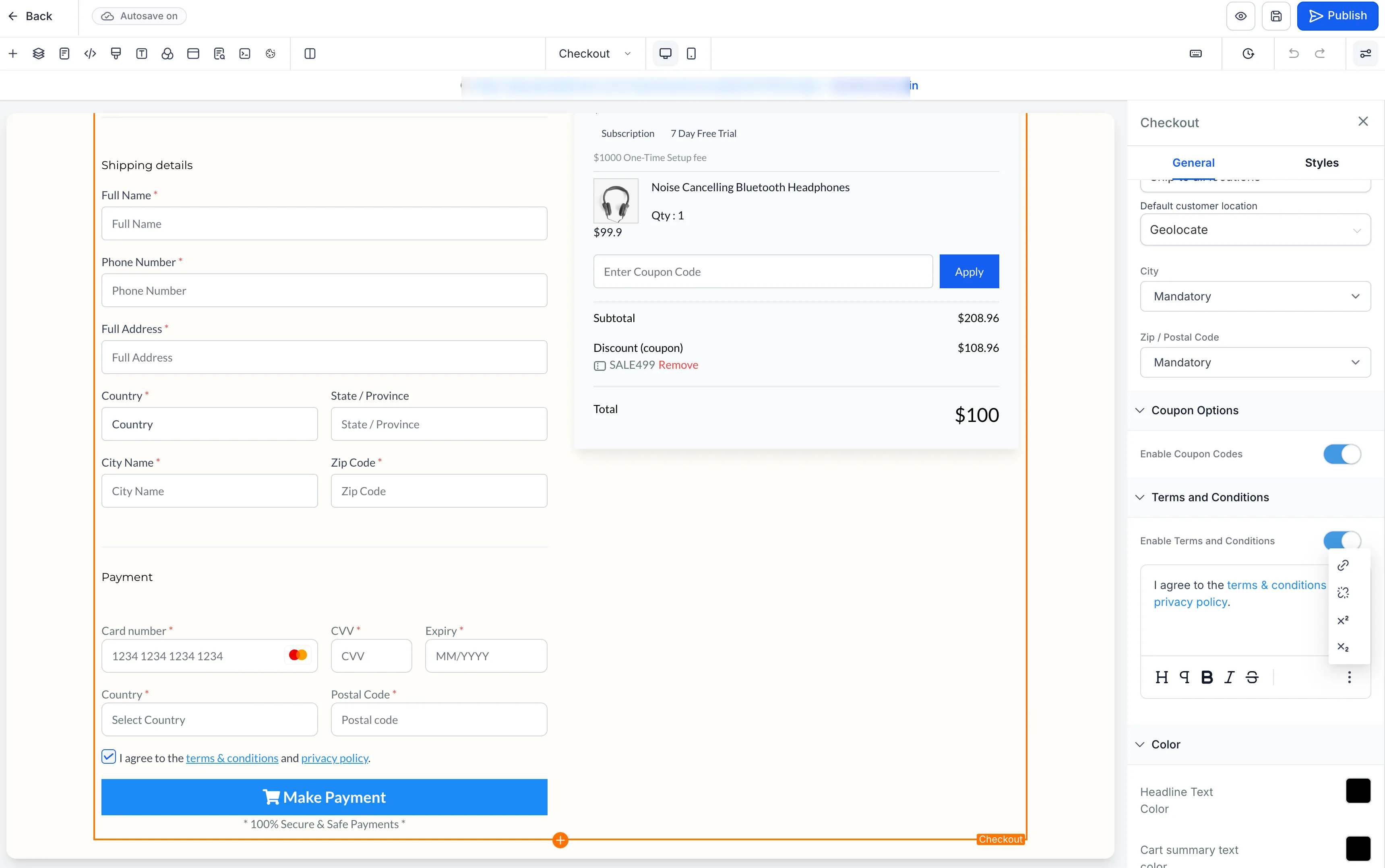 Consent configuration in checkout builder