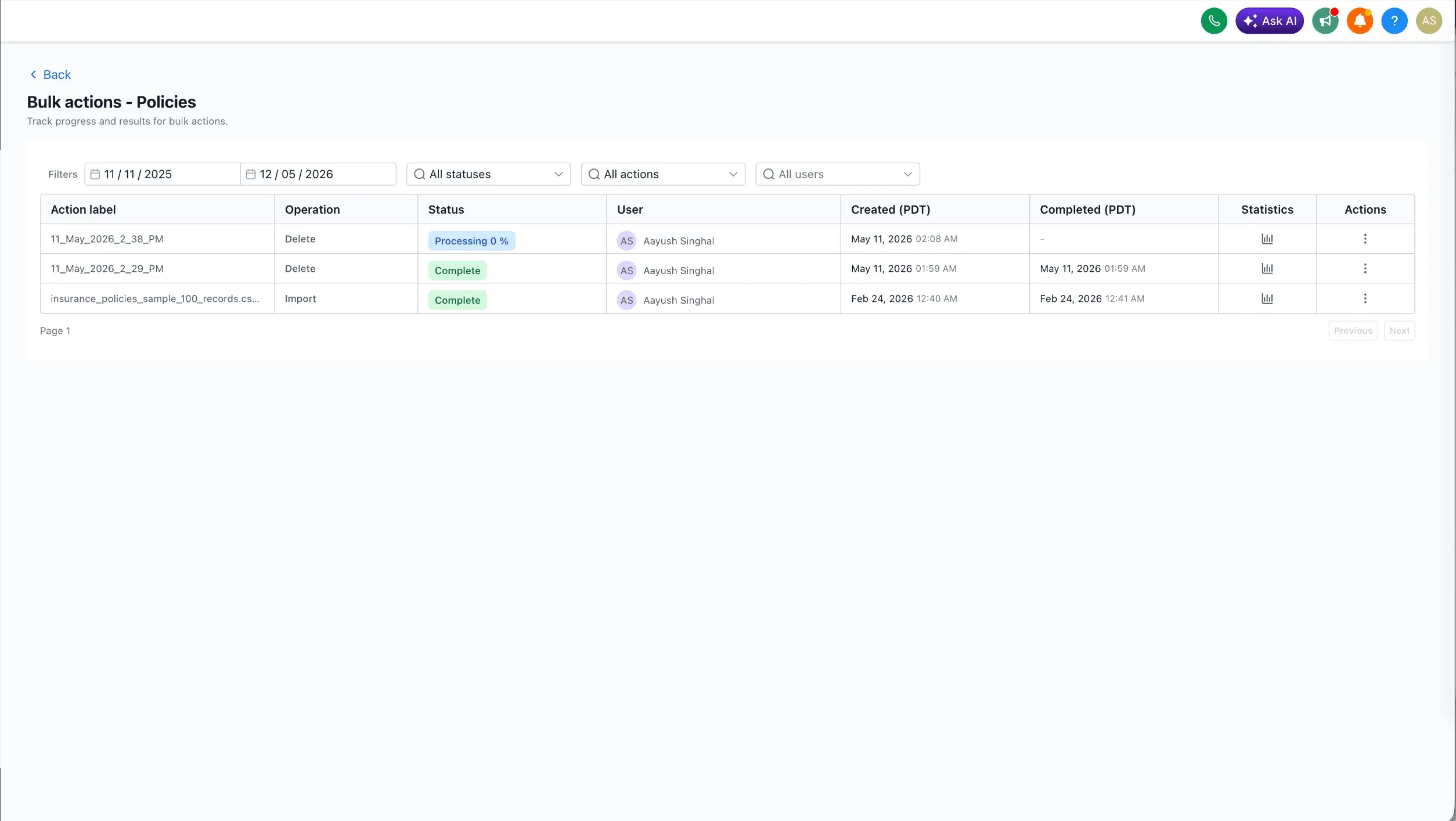 Bulk delete progress and logs