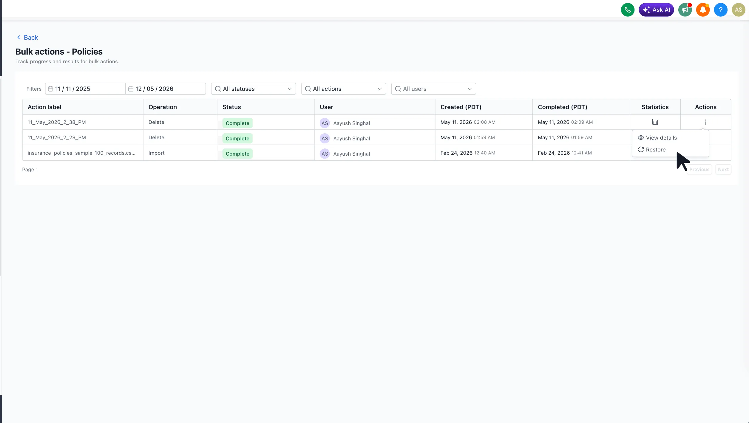 Restore bulk-deleted records