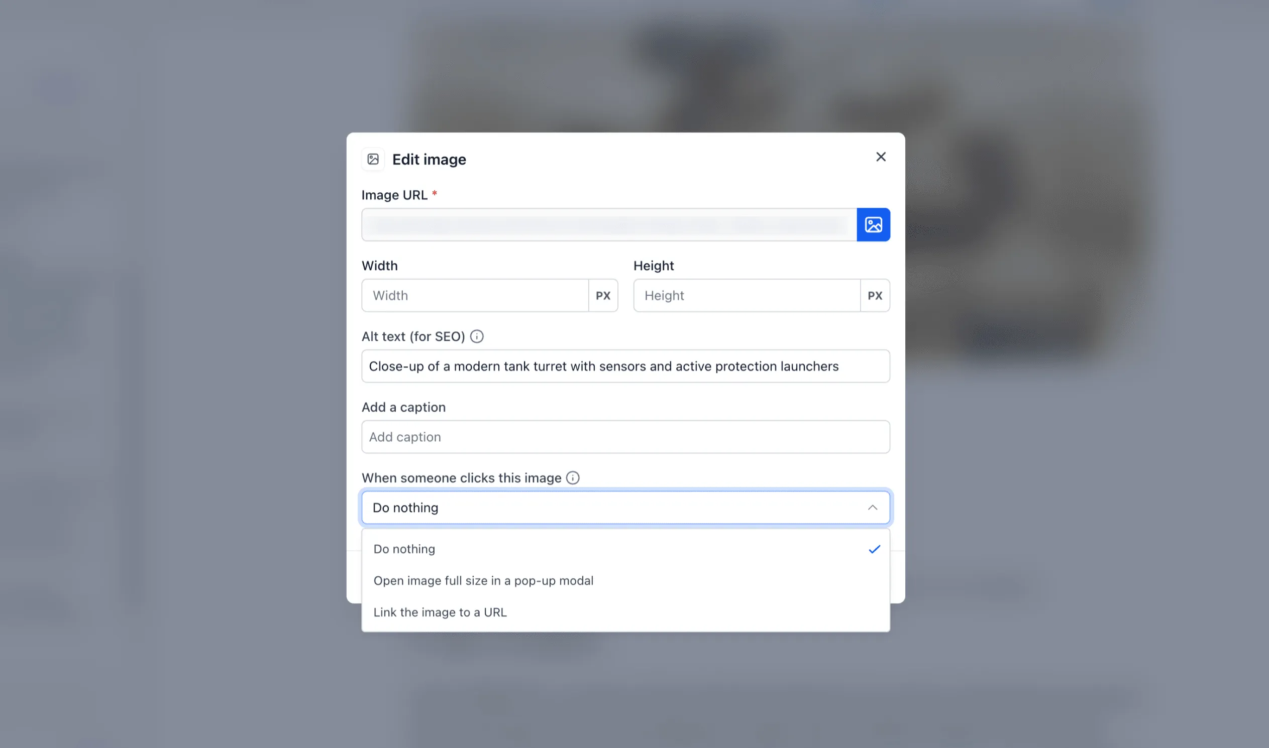 Image action controls in the blog editor