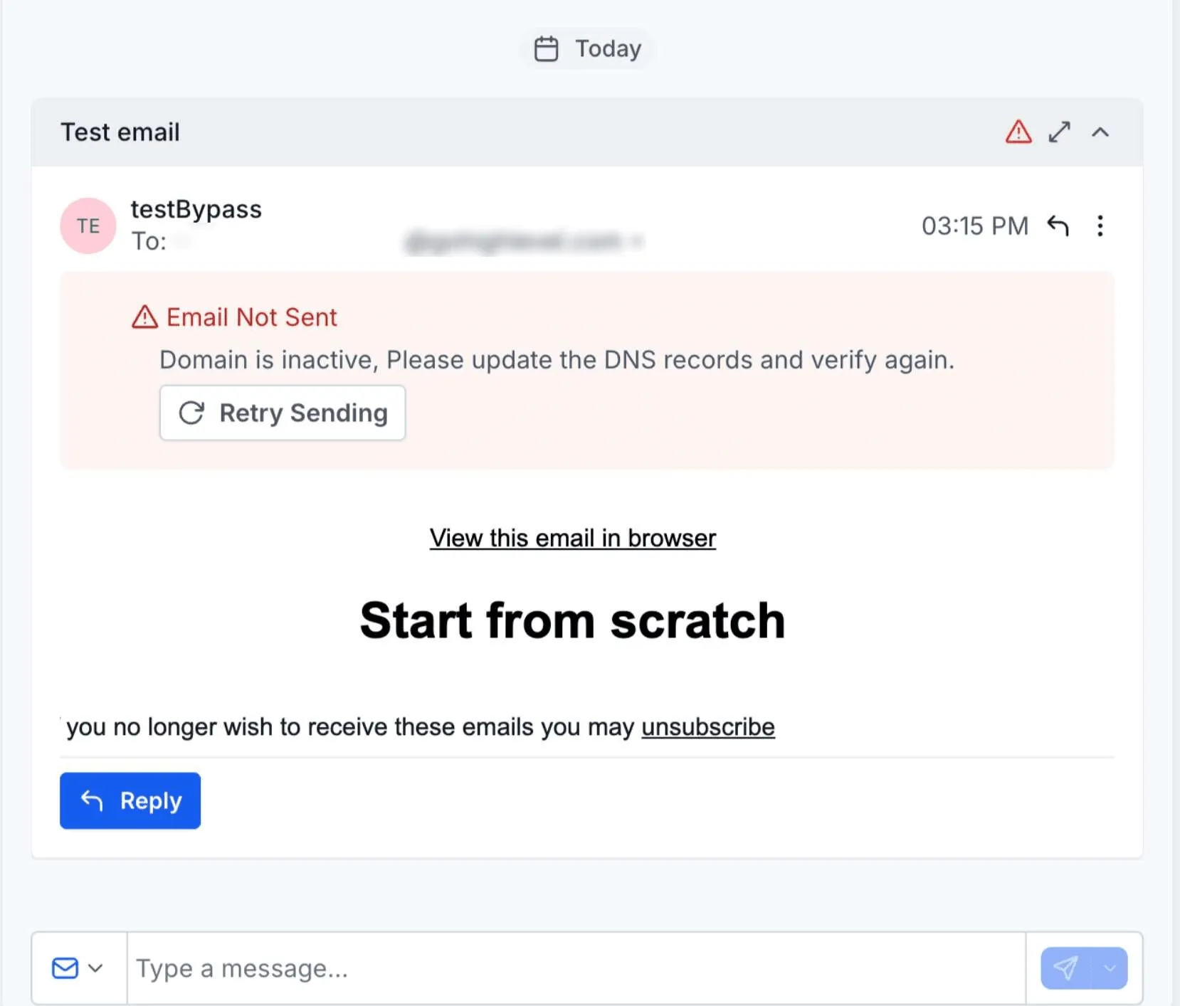Email failure message for an inactive or unverified domain