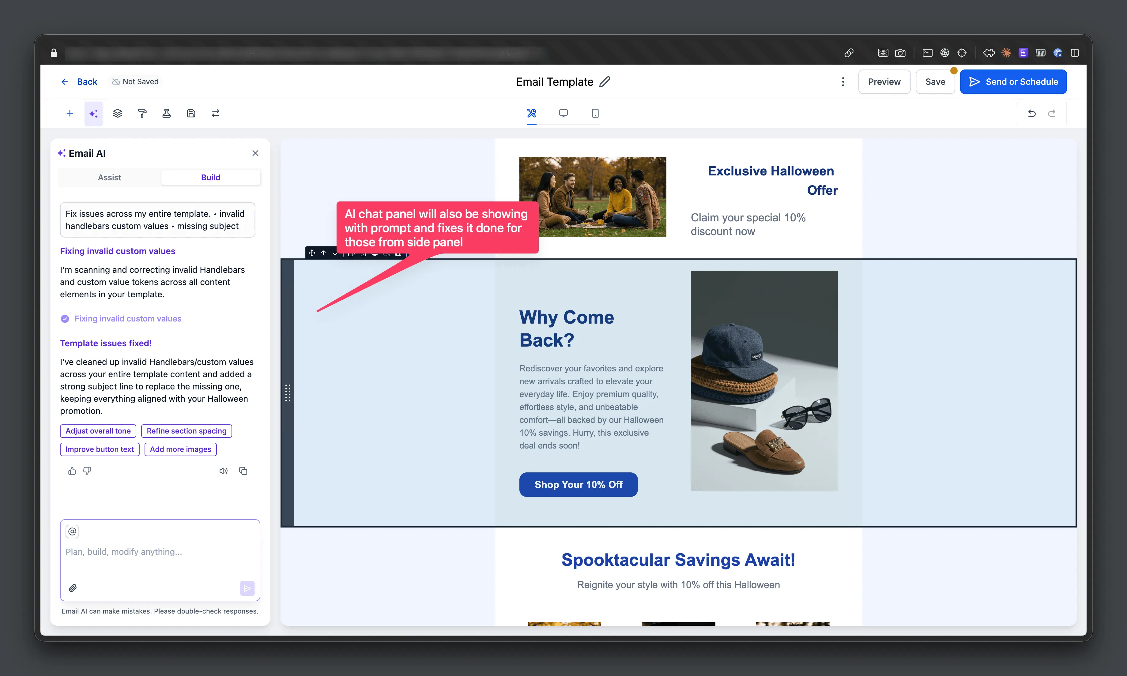 Email AI chat log showing applied fixes