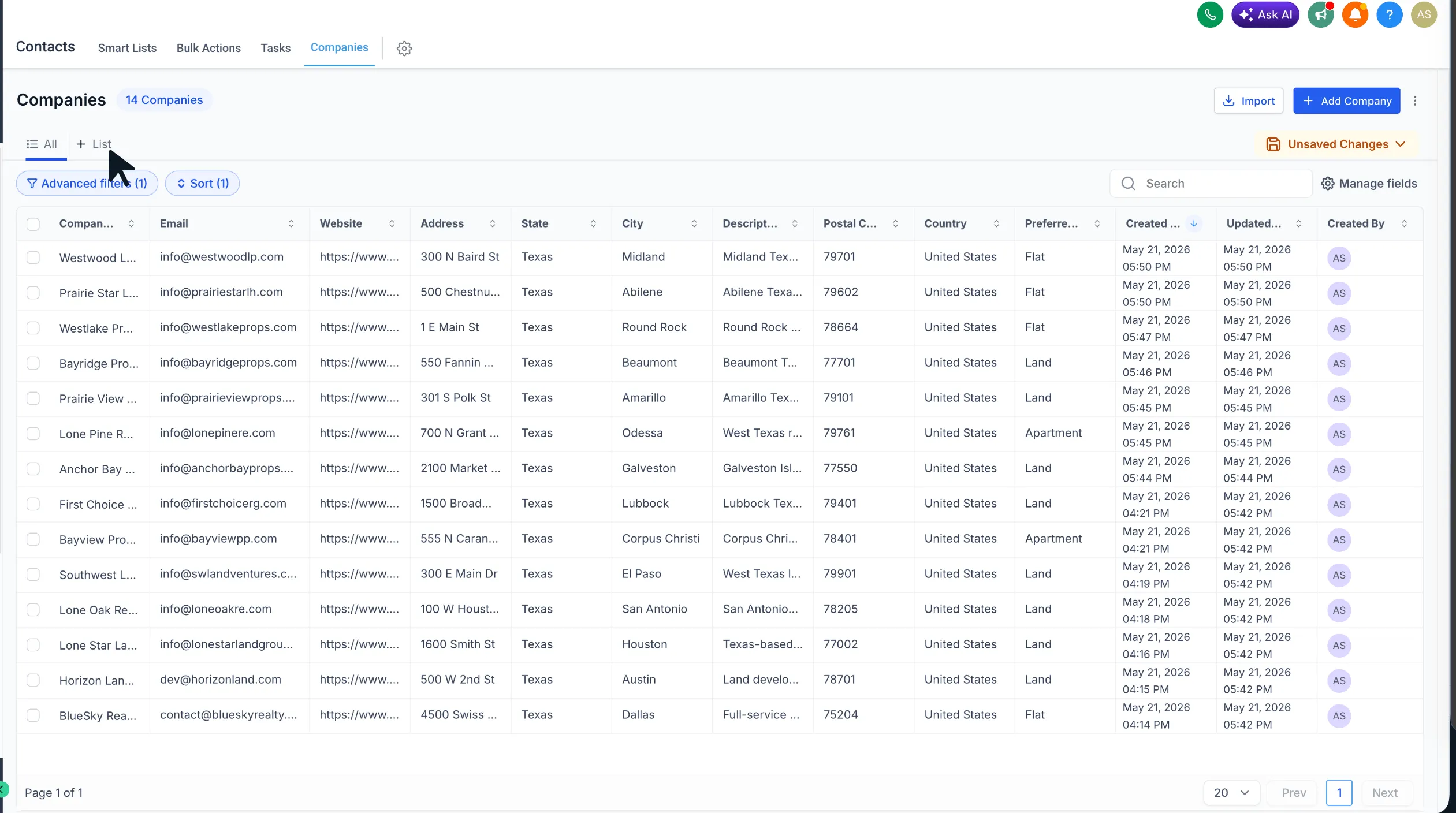 Company Smart Lists inside Companies