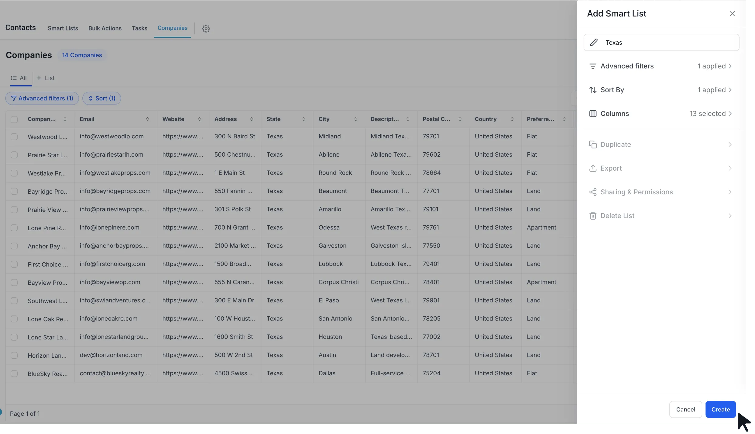 Add Smart List panel with advanced filters, sort order, and column selections