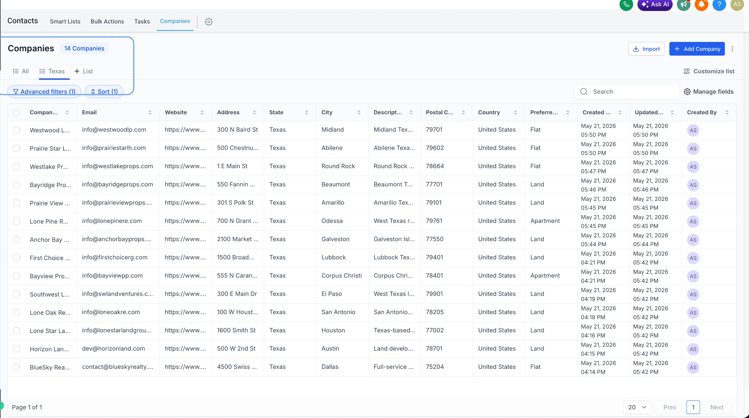 Saved Smart List tab applied to the Companies view