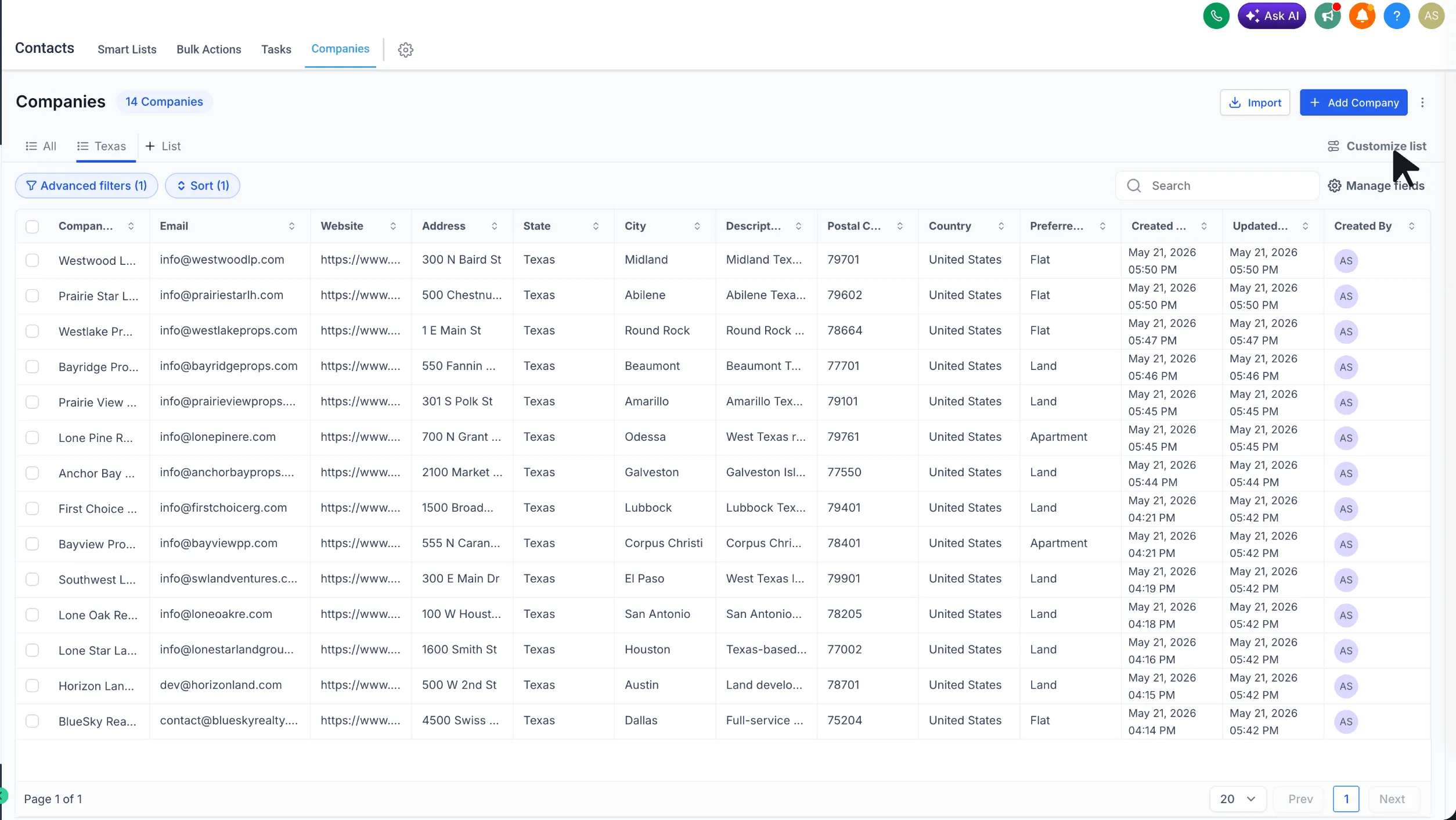 Customize List option in the Companies view toolbar