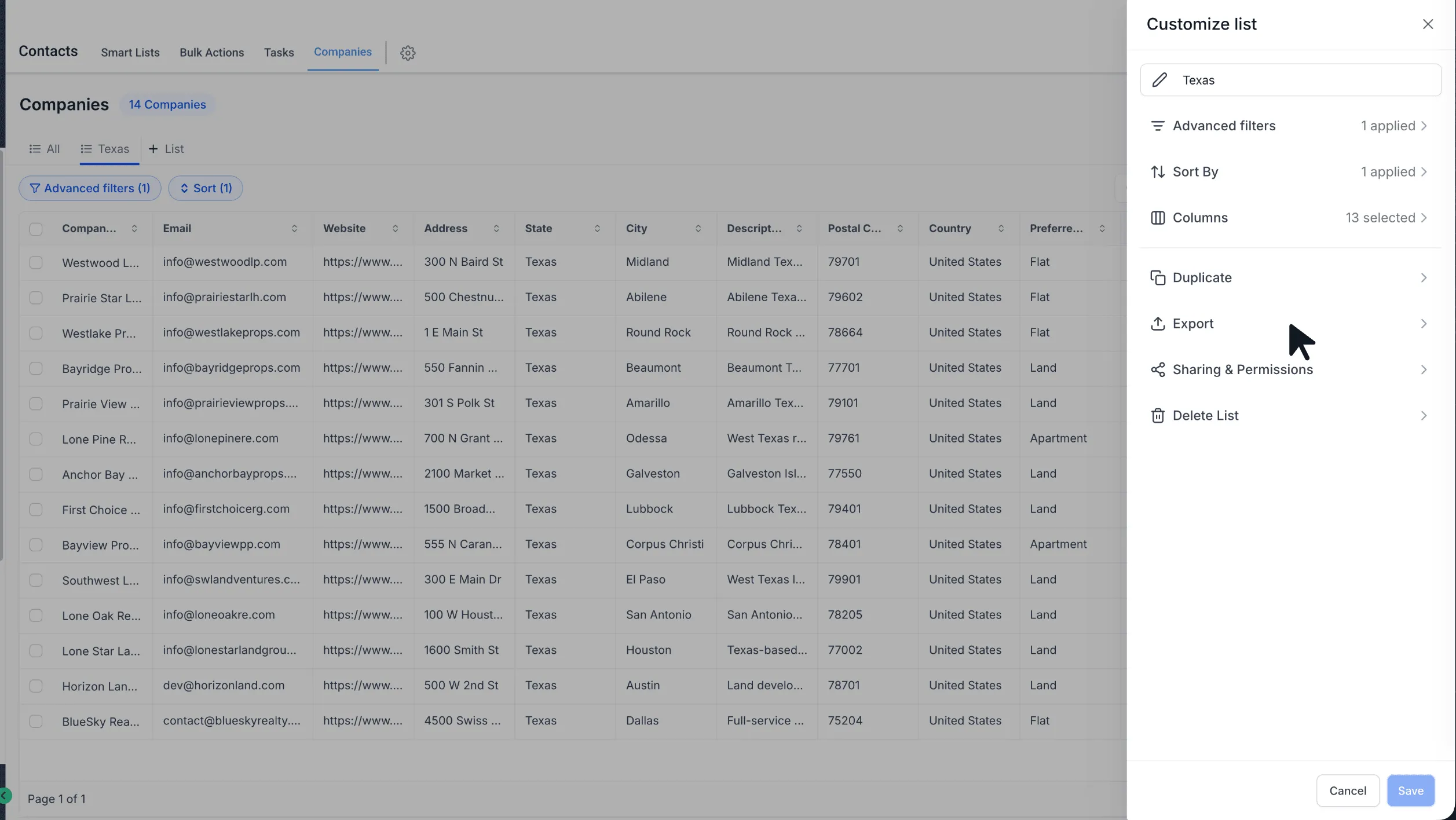 Customize List panel with duplicate, export, sharing, and delete options