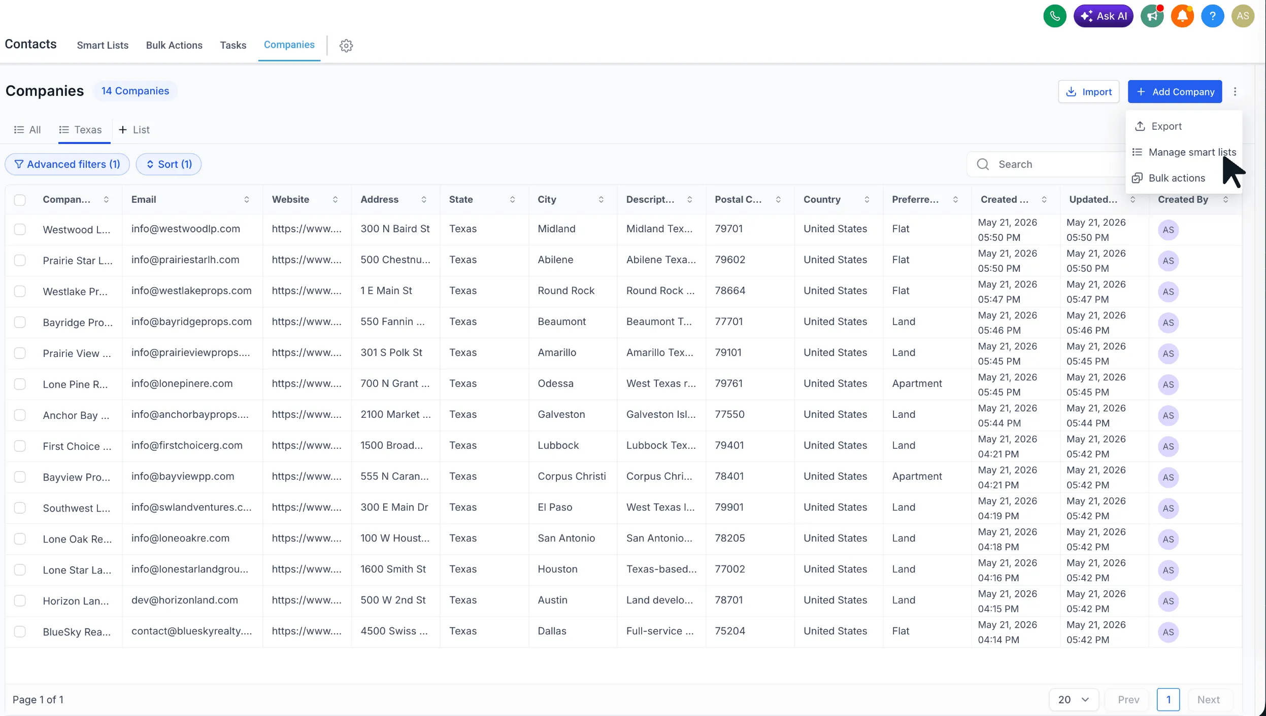 Companies menu with export, manage smart lists, and bulk actions