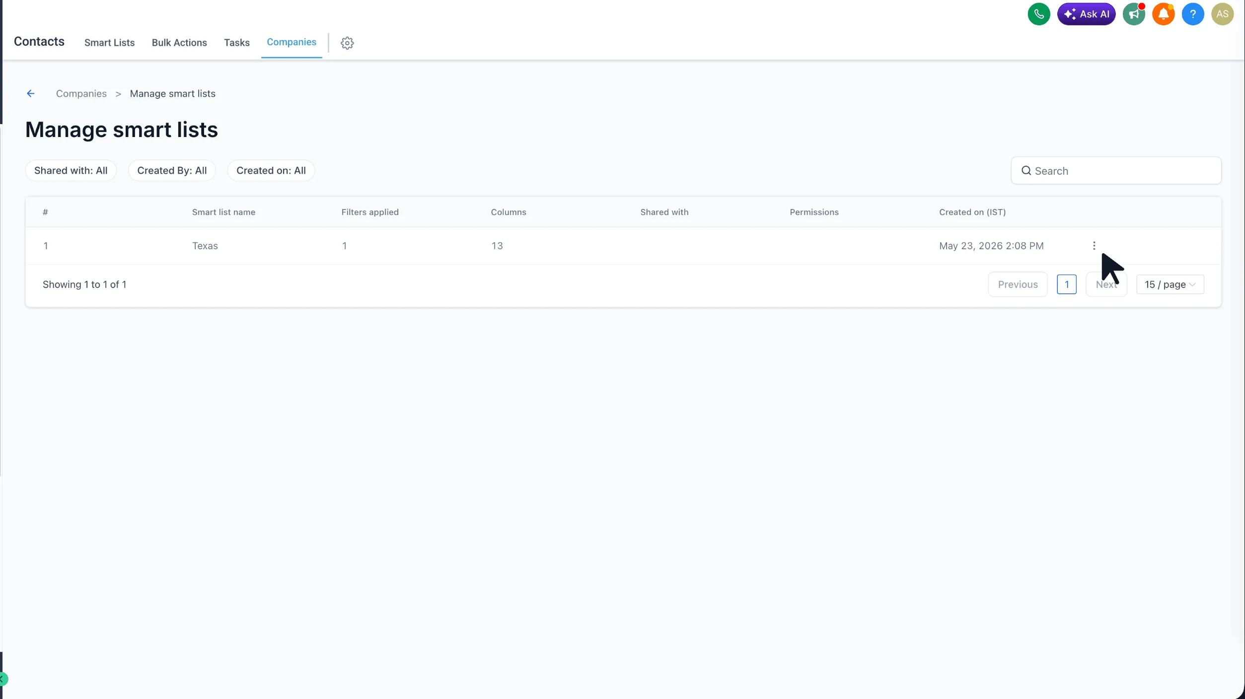 Manage Smart Lists page listing saved lists with filters, columns, and sharing details