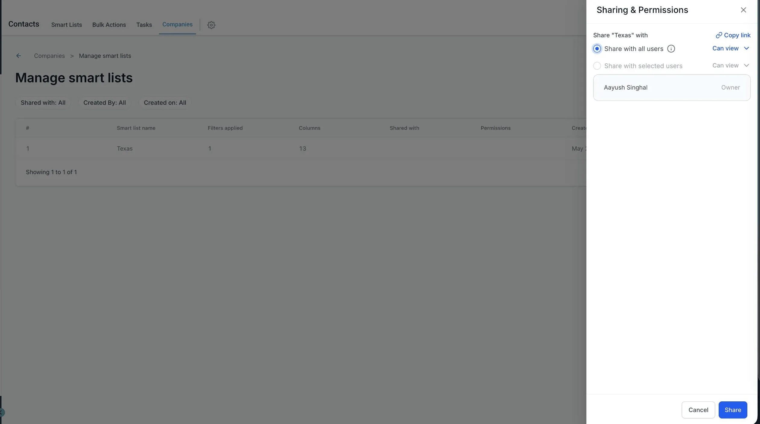Sharing and permissions panel for a Smart List with view and edit access options