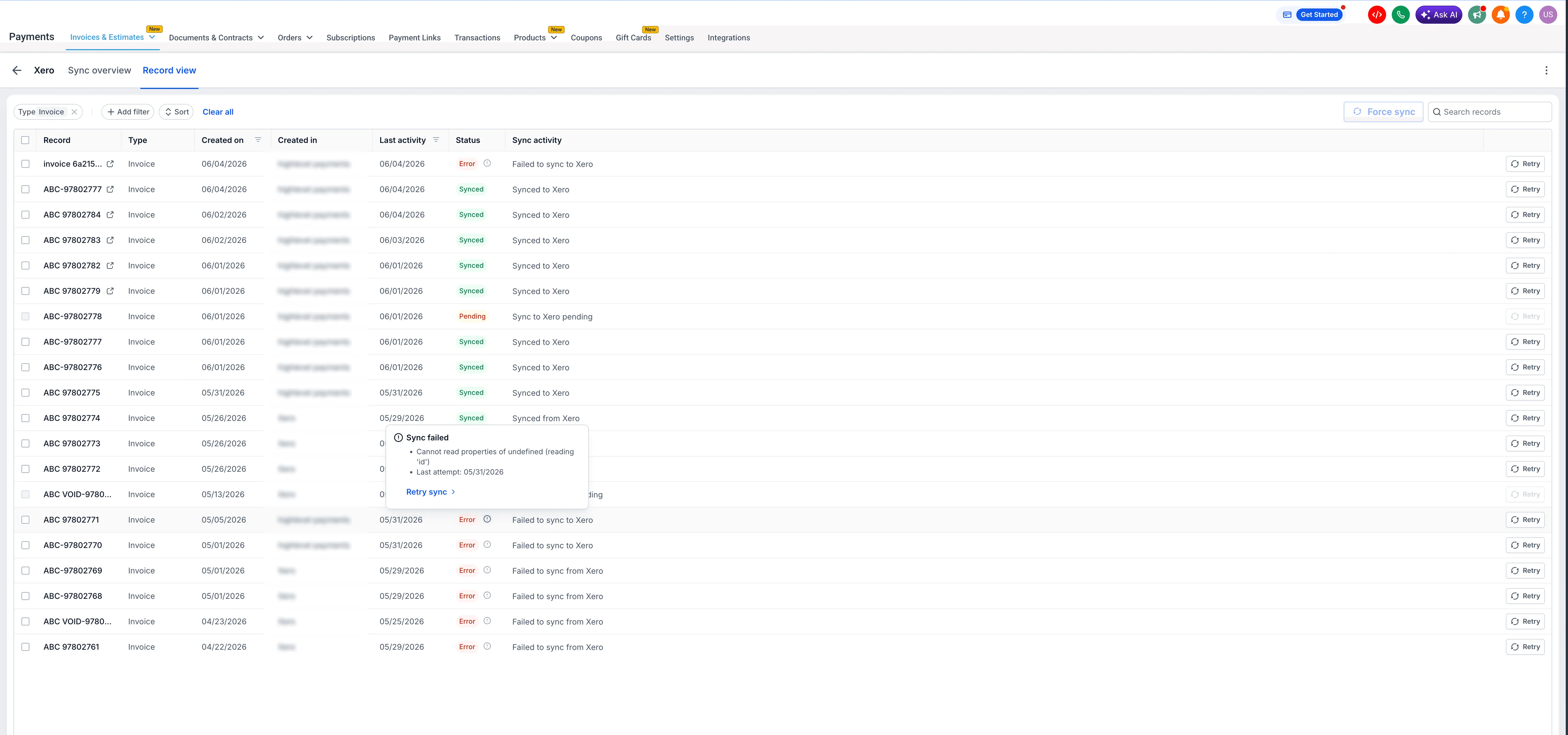 Accounting Sync retry view