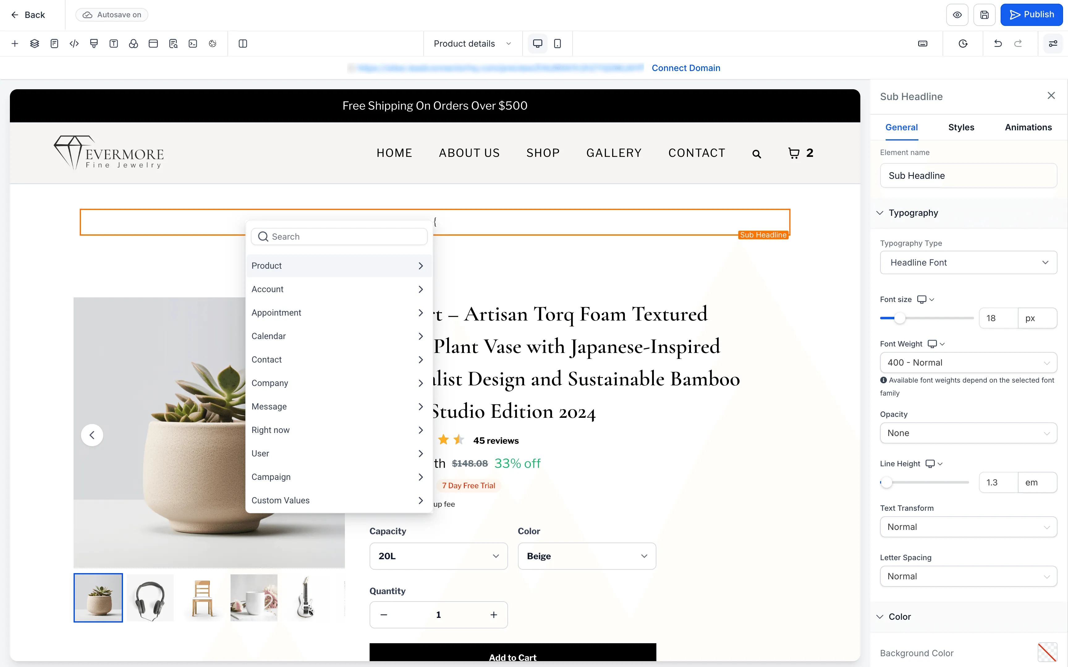 Product custom values on a product detail page