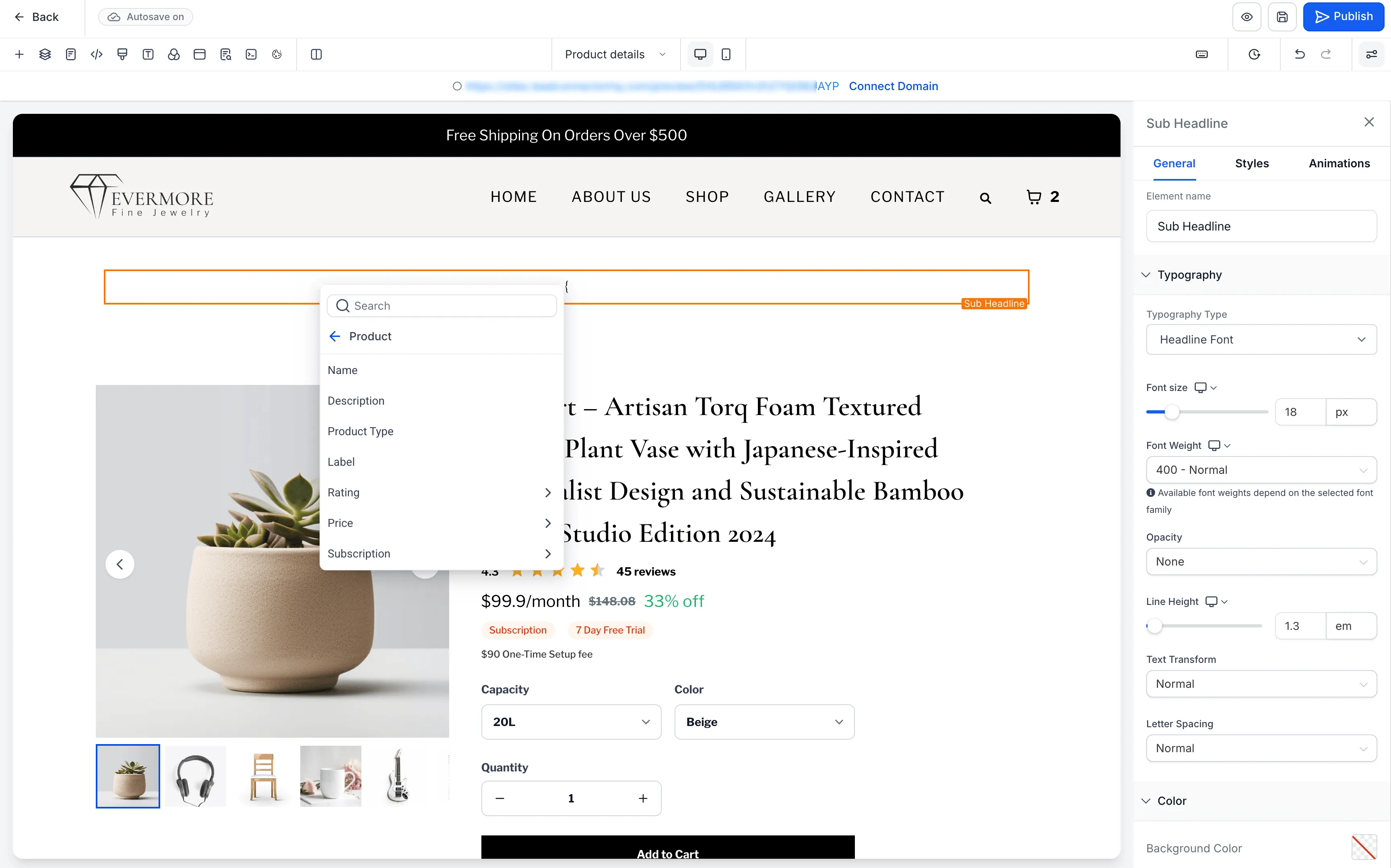 Product section in the custom values picker