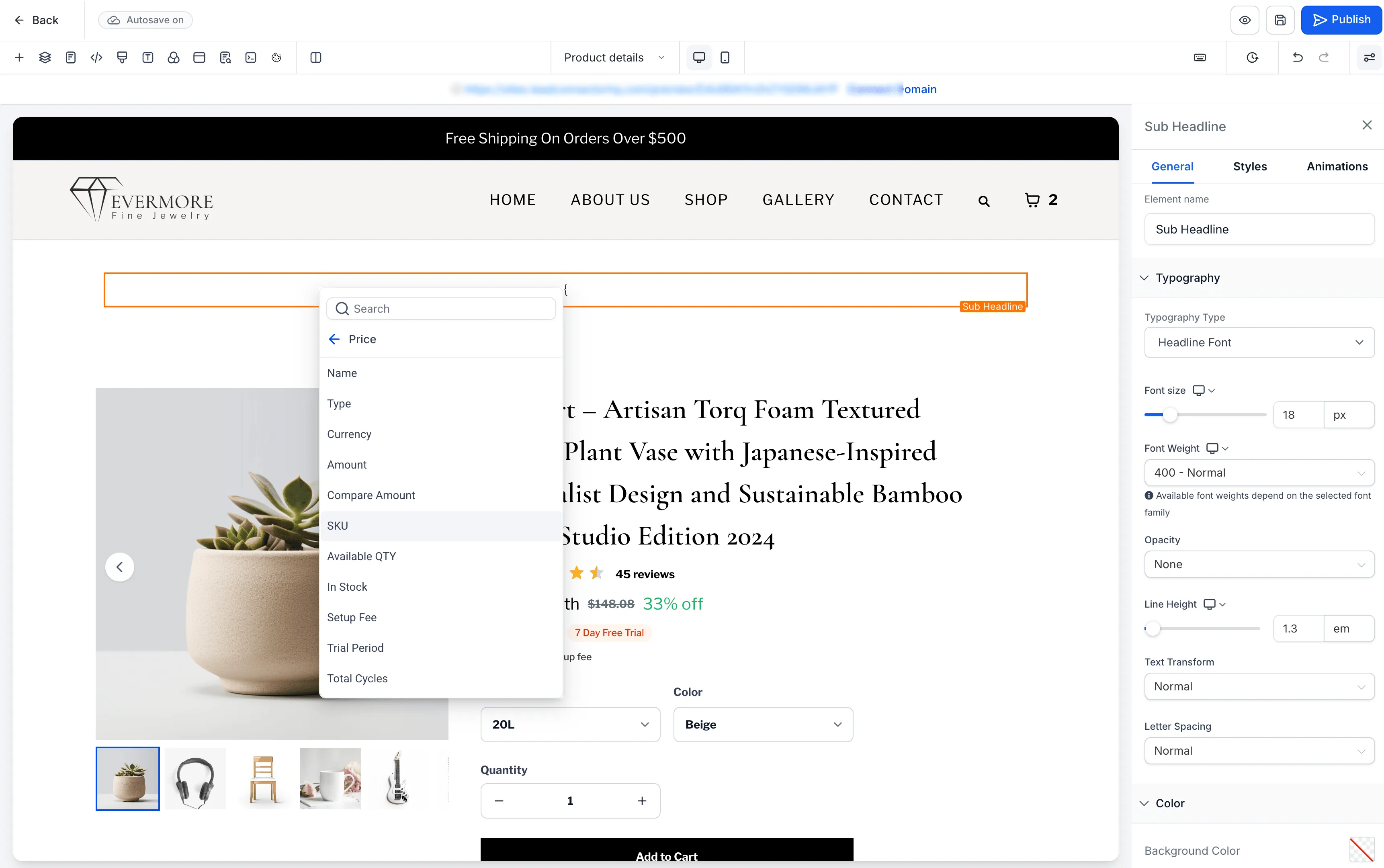 Product token inserted into page content