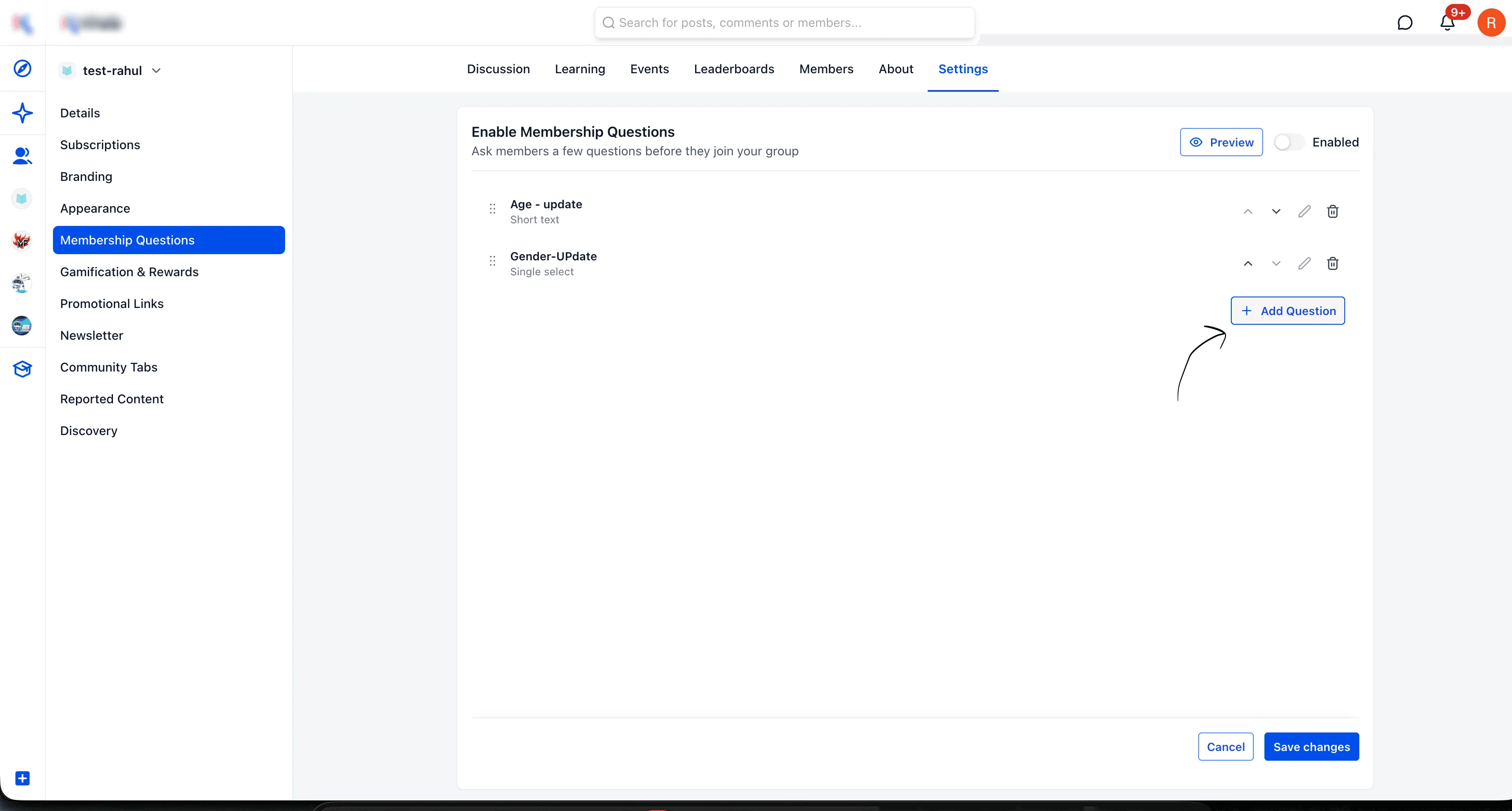 Community membership question setup