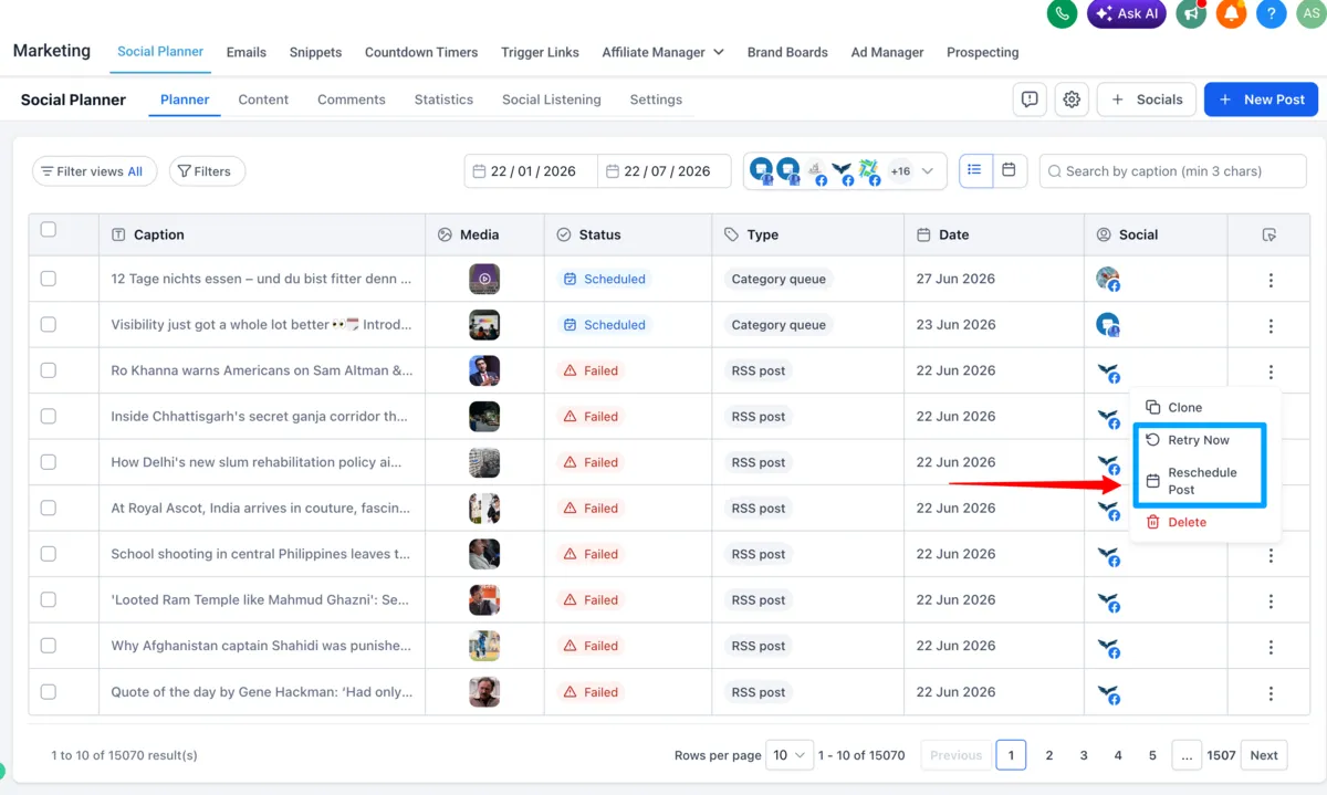 Failed post recovery actions in Social Planner