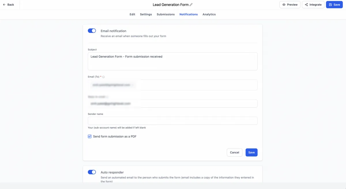 Notifications tab in the builder