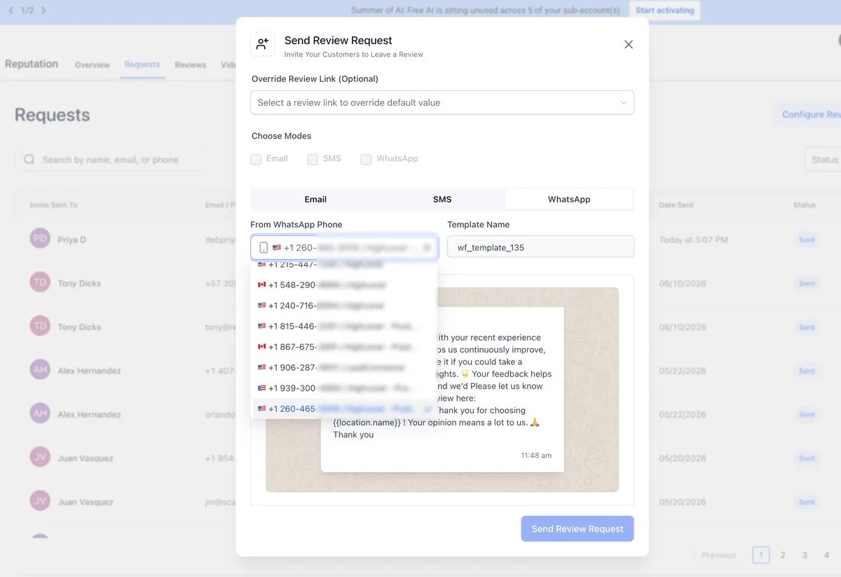 Review request sender settings