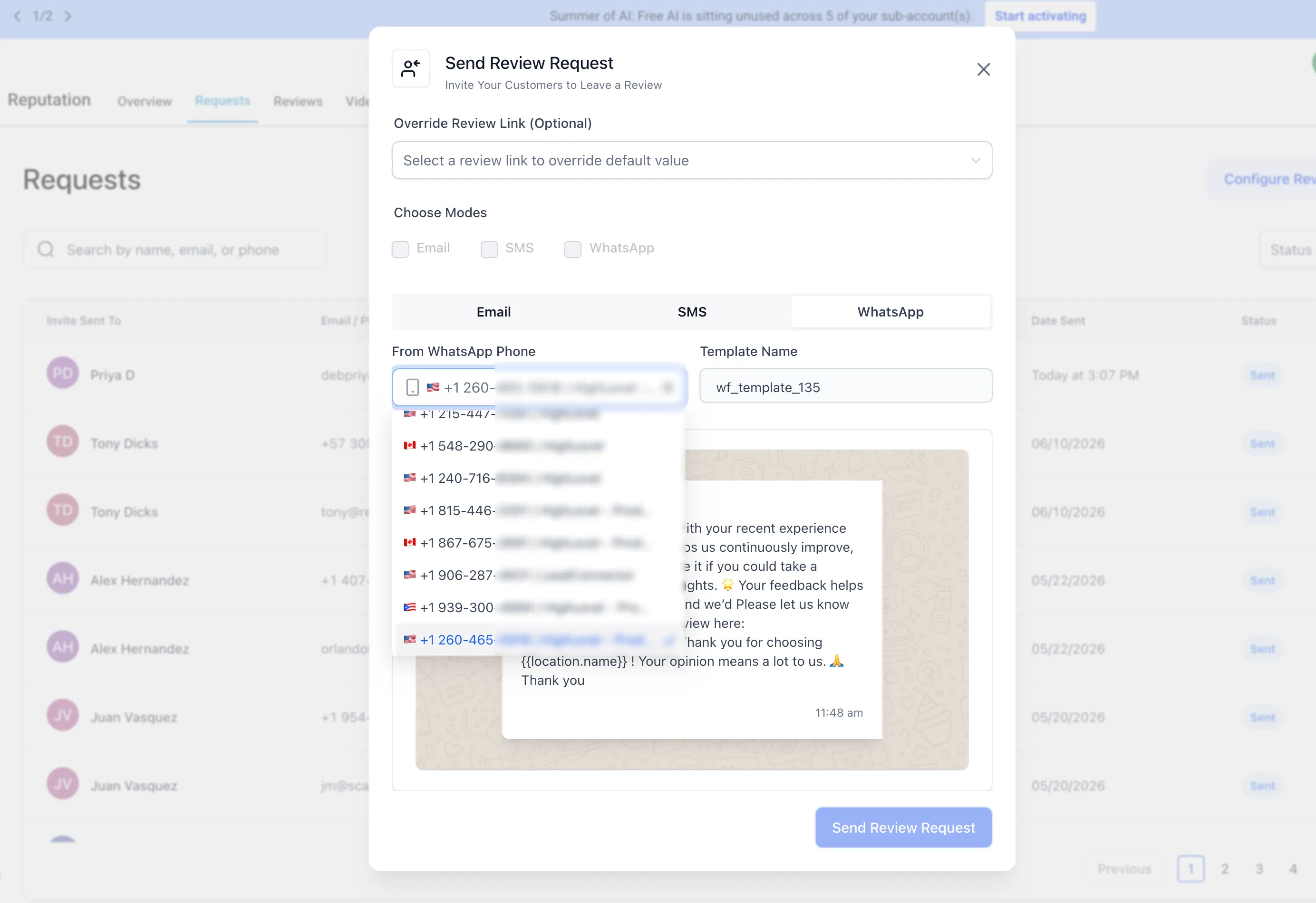 Review request sender settings