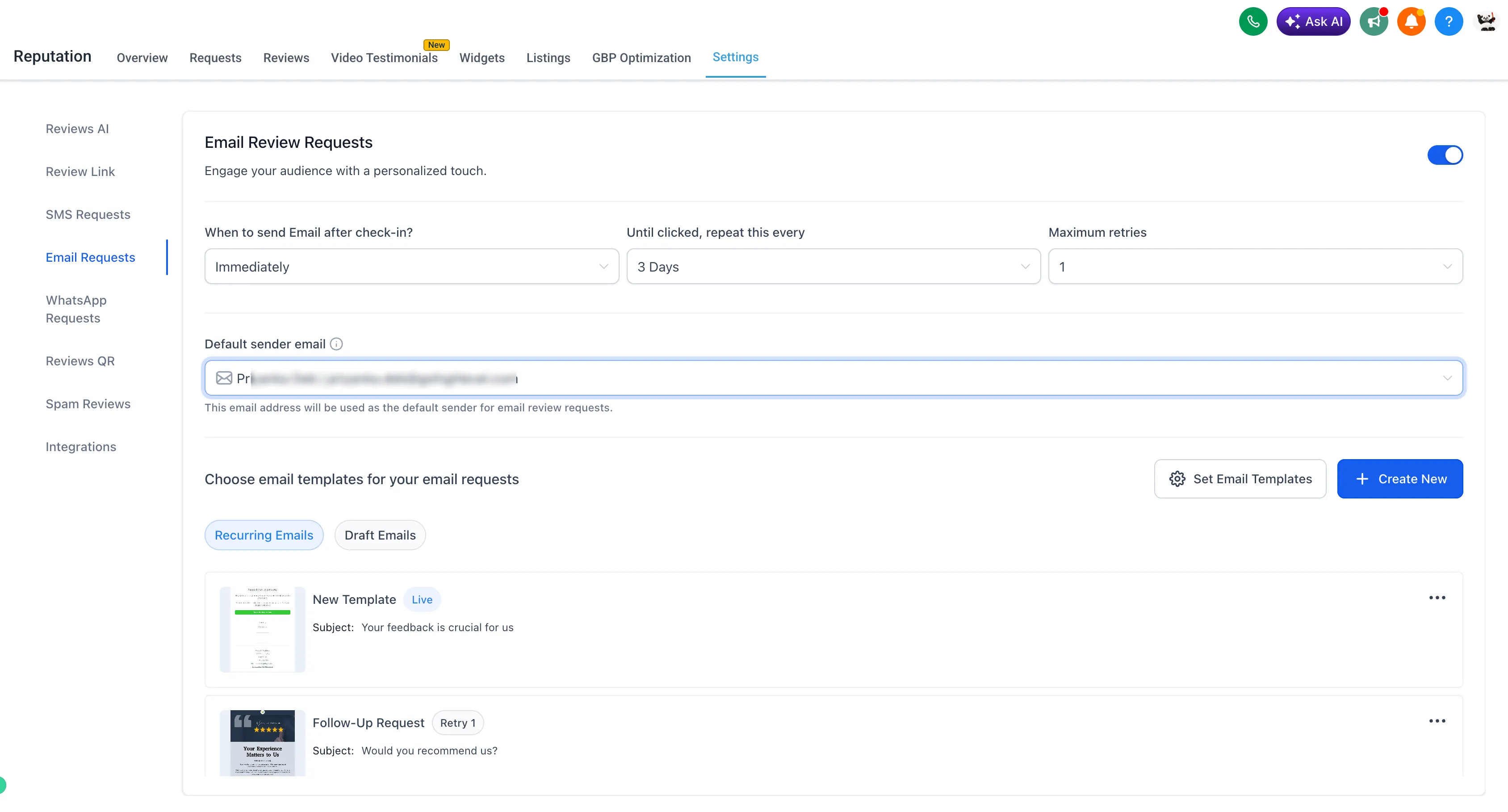 Email and phone review request settings