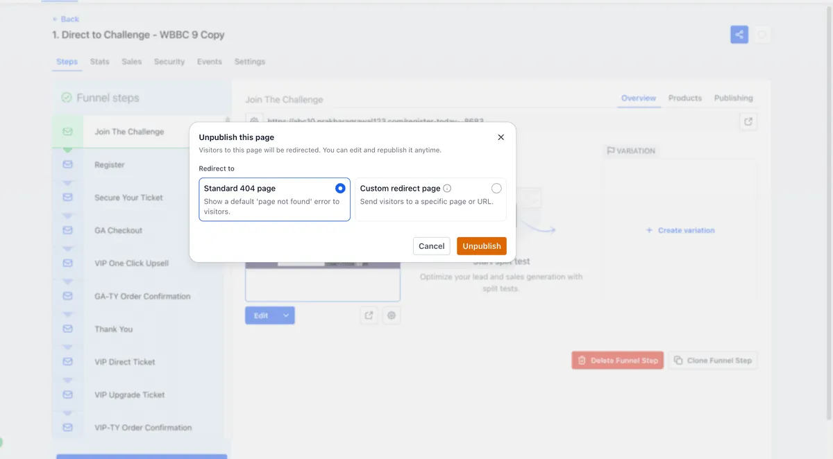 Unpublish confirmation dialog